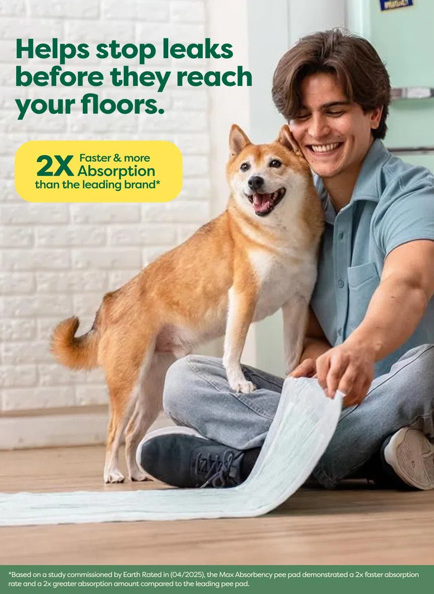 Earth Rated Max Absorbency - Almohadillas para orina de cachorros para perros absorben 2 veces más rápido y 2 veces más, a prueba de fugas, control de olores, sin perfume, grande, 22 x 23 pulgadas, 40