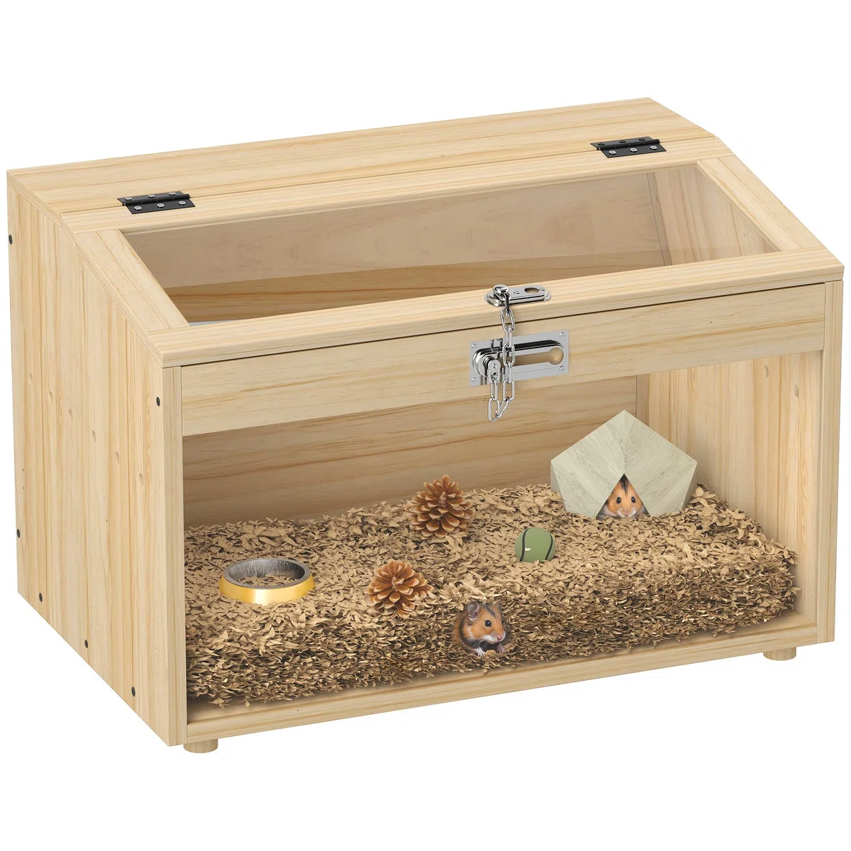 PawHut - Jaula para hámster de Madera, Jaula para ratón con Tapa Abierta, Ventana de acrílico y Agujeros de ventilación para hámsters Enanos y jerbos, 55 x 35 x 35 cm, Efecto Madera Natural