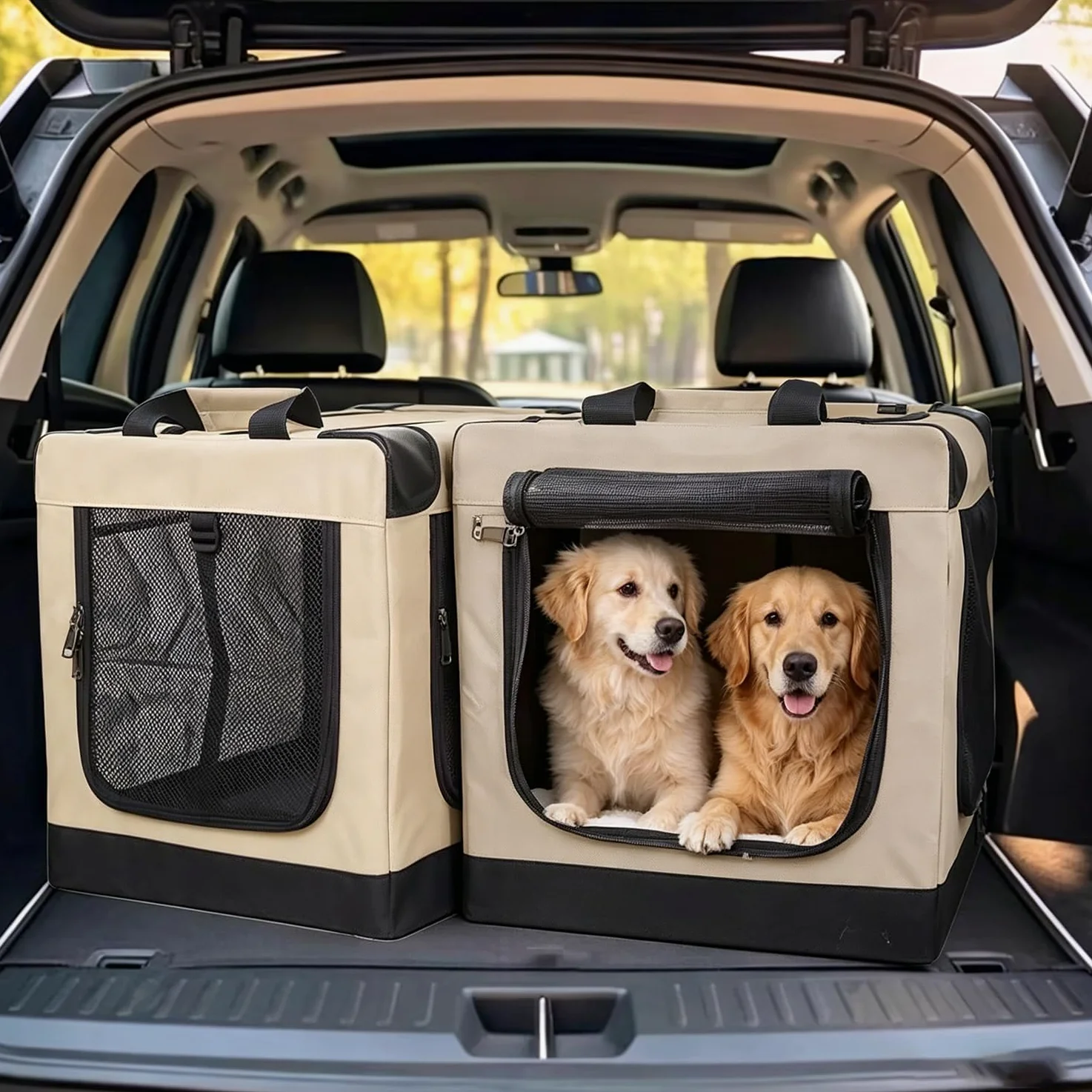 Transportin Perro Grande,Caja Plegable para Perros Medianos,Bolsa Plegable,Ventanas de Red Resistentes y Inserto de Cama de Felpa para Casa y Viaje(82x59x59 cm)