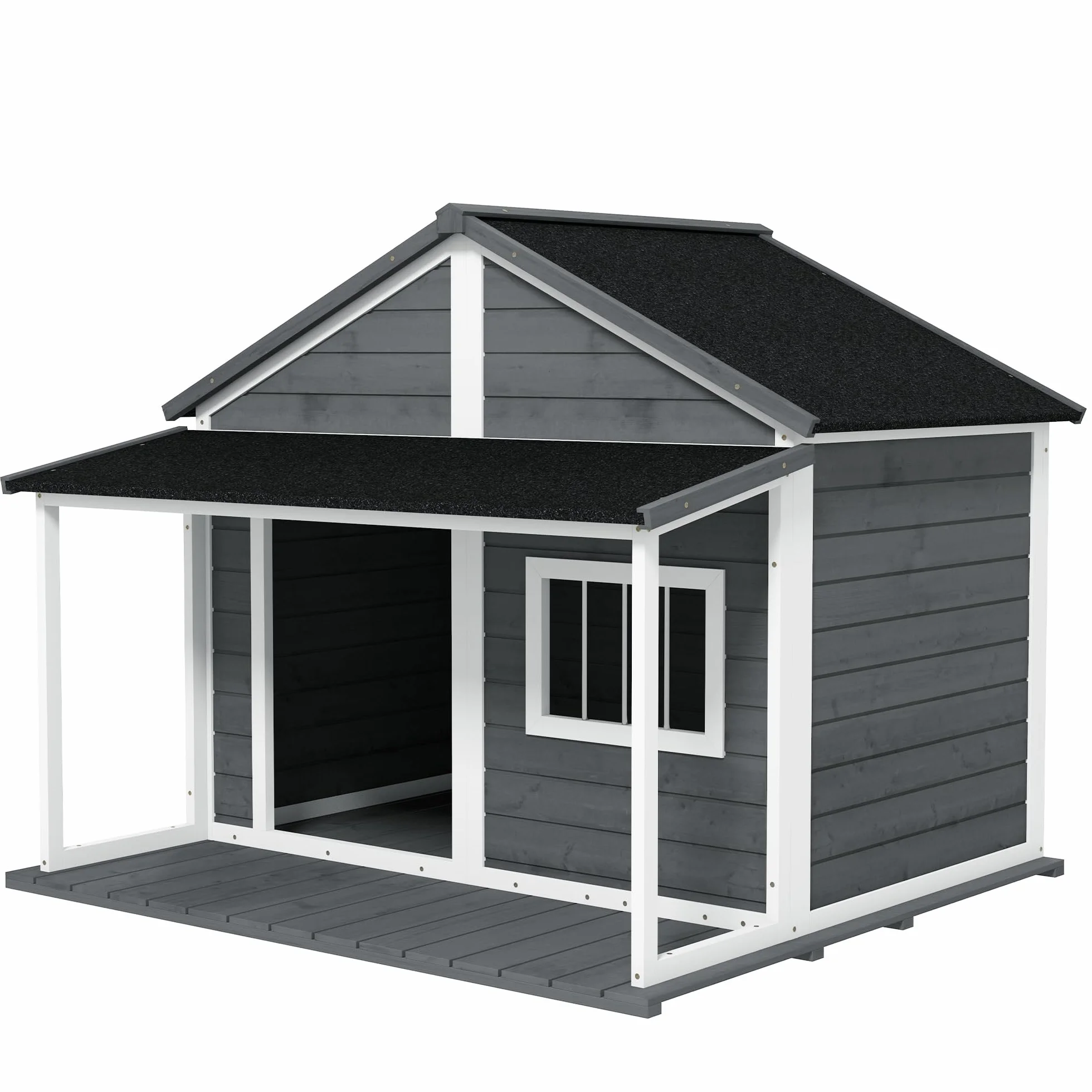 PawHut caseta de Madera para Perros de Exterior, caseta para Perros medianos y pequeños con terraza, Ventana y Techo Impermeable, 124x112x105cm, Gris | Techo de betún, caseta para perros de madera maciza, ventana, terraza