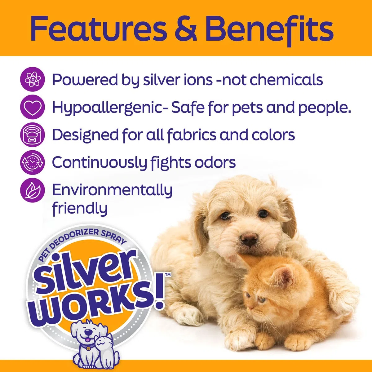 SilverWorks! Desodorante en aerosol de tela, eliminador de olores, utiliza tecnología de iones de plata para eliminar olores y eliminar olores del hogar y mascotas