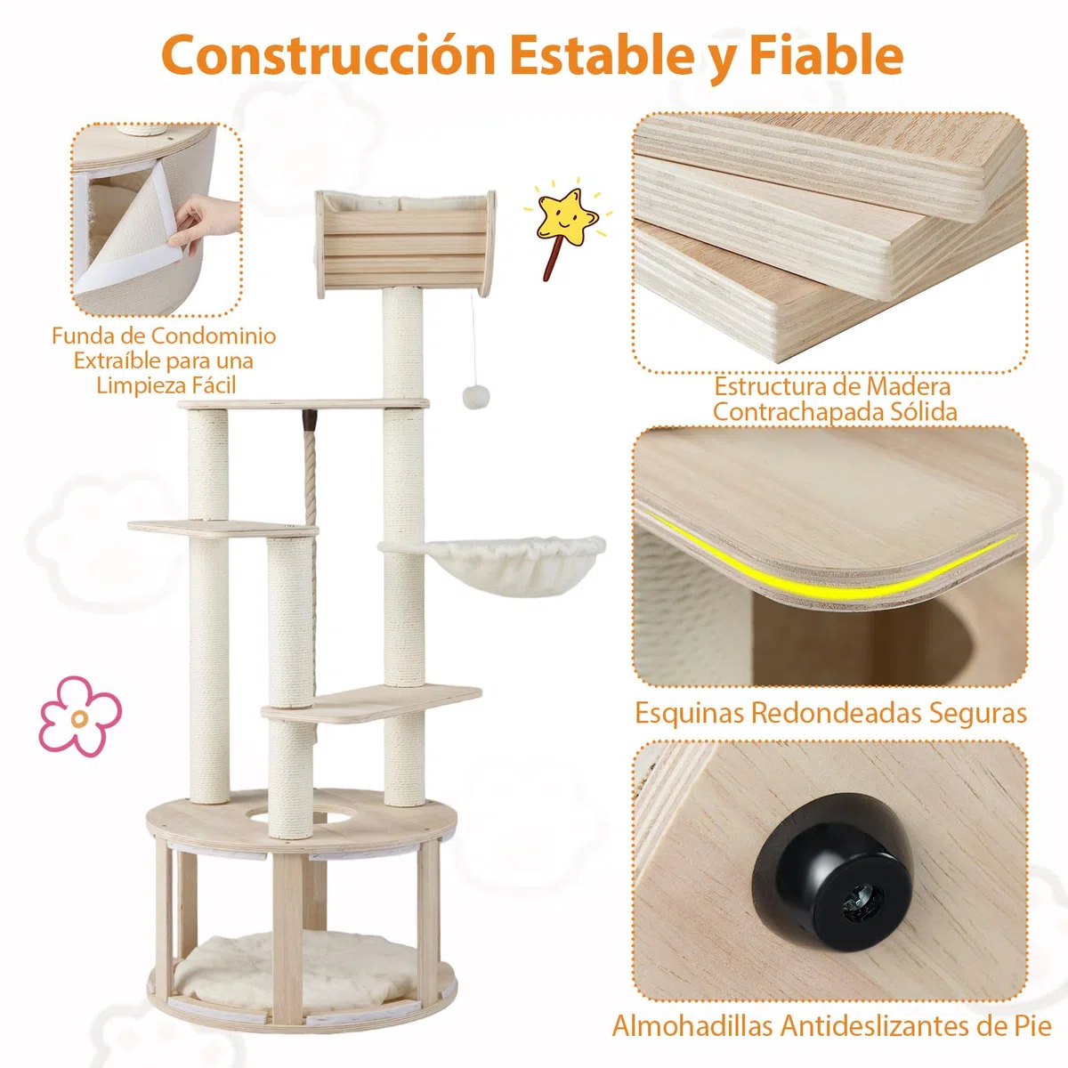 COSTWAY 141 cm Árbol Rascador para Gatos de Madera, Torre para Gatitos Multinivel con Condo, Cama Curvada, Hamaca, Postes Rascadores, Bola Colgante y Cuerda, Cojines Lavables, Castillo Gatos Interior