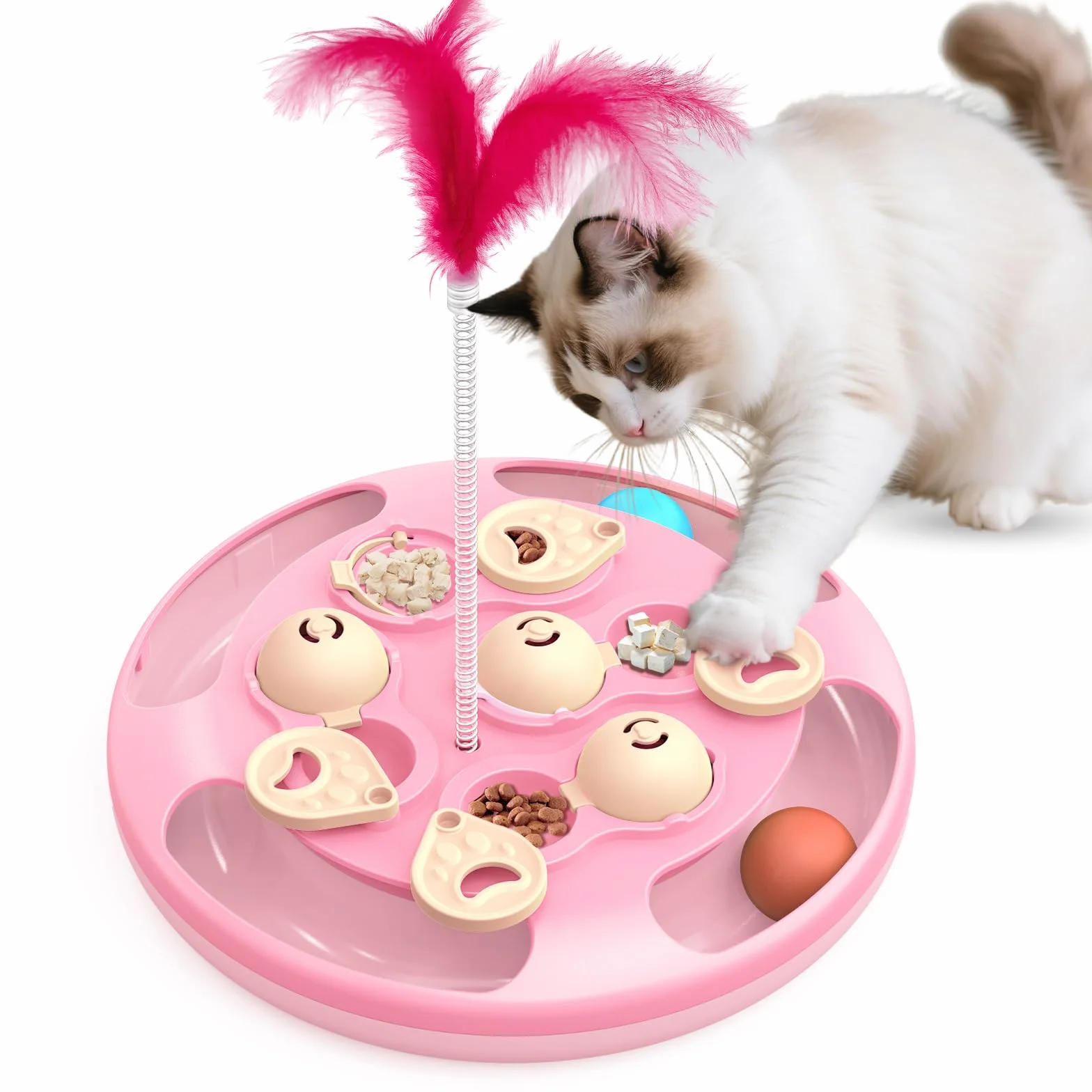 Juguetes y juegos de rompecabezas para gatos, nivel 3 en 1 con bolas de seguimiento, juguete de plumas y alimentador de golosinas, base antideslizante, par de enriquecimiento de estimulación