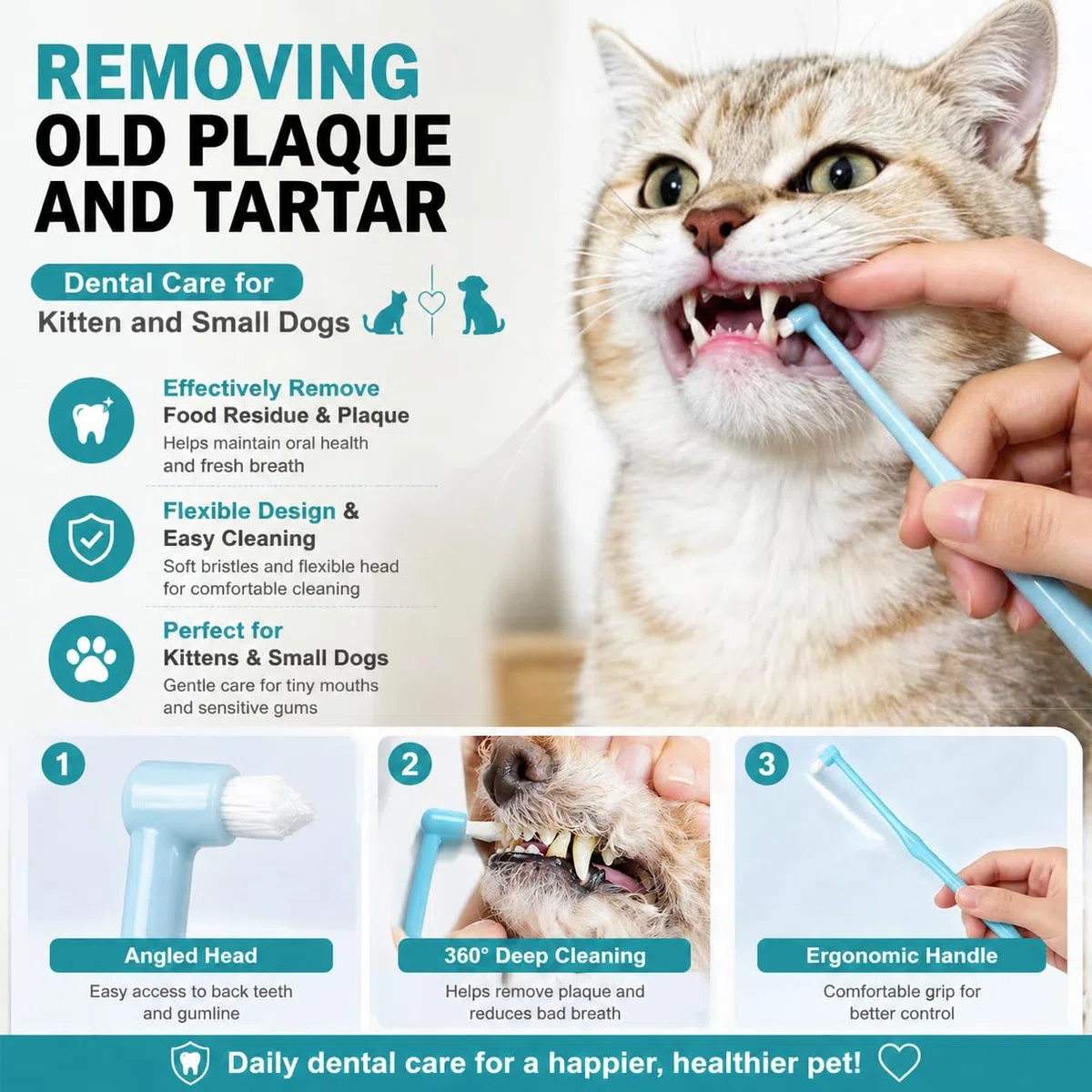 Dog Toothbrush, Finger Toothbrushes, 360 Degree Toothbrush, Triple Head Dog Toothbrushes, Double Head Toothbrush,Cleaning Brushes for Dog Cat Oral Dental Health (Blue, L)