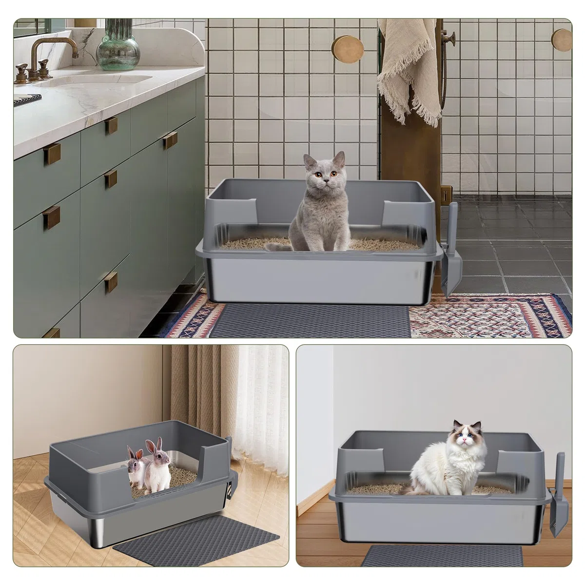 Gimars Arenero Acero Inoxidable Gatos XL 58x38x26cm, arenero Gato Acero Inoxidable 35L, Bandeja de Arena fácil de Limpiar y sin olores, Sanitaria a Prueba de Fugas con Pala y Alfombrilla
