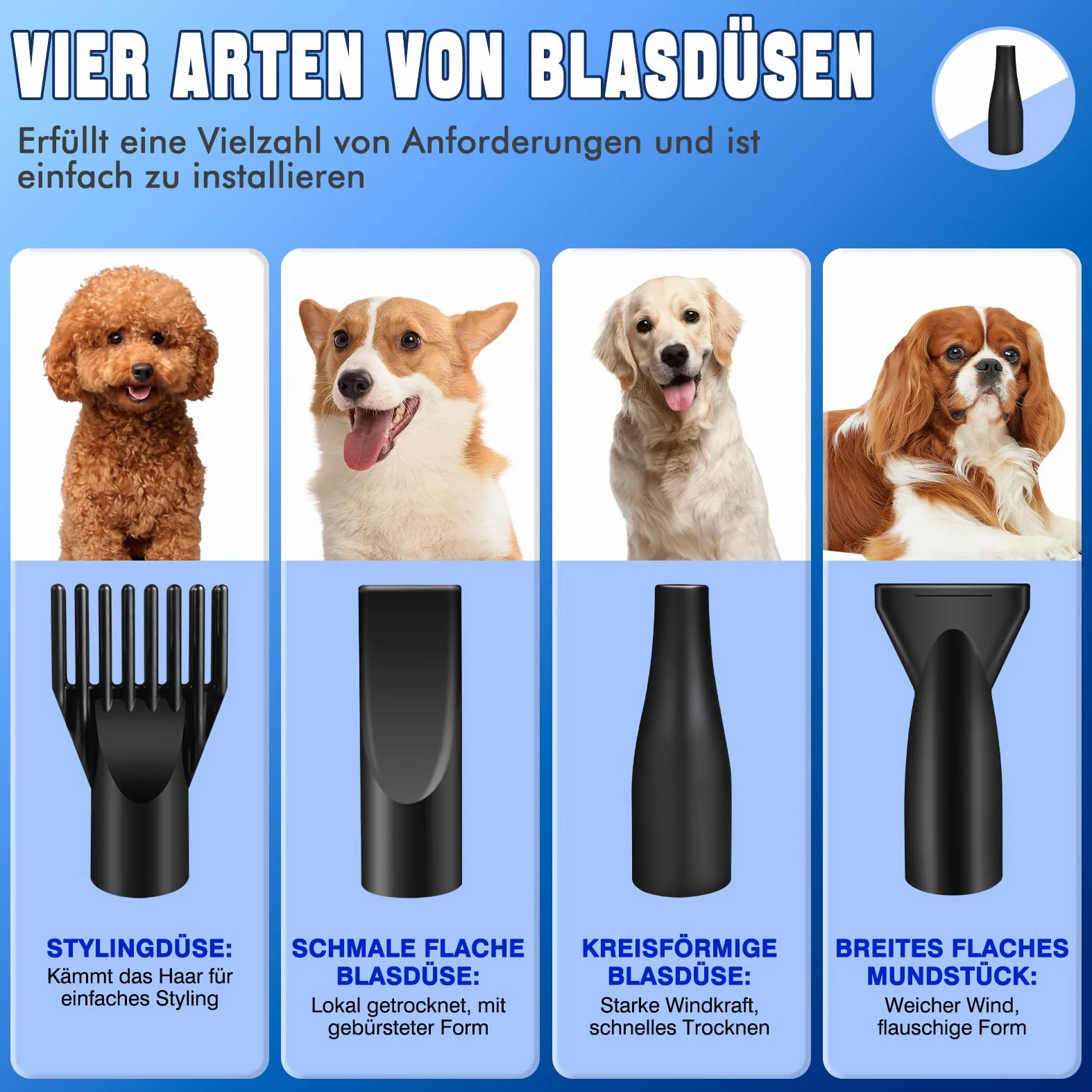 AUTOFU Secador profesional para perros, secador de pelo para mascotas, 3500 W, con velocidad y calor ajustables, 4 boquillas diferentes y manguera elástica