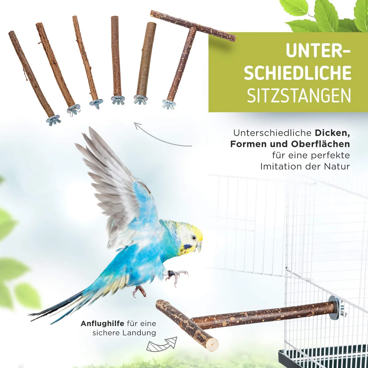 Juego de Jaula básica de 10 Piezas con Perchas Naturales Columpio de pájaro, Asiento, Barra de sedimentación y Percha de Cuerda Jaula para Budgerigar, Cockatiel | Accesorios para Jaula de pájaros