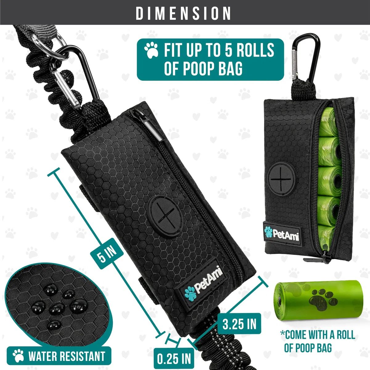 PetAmi Soporte para bolsas de excremento de perro para correa, dispensador de bolsas de basura para perros con clip para cachorros, accesorios para caminar, viajes, camping, bolsa de golosinas para