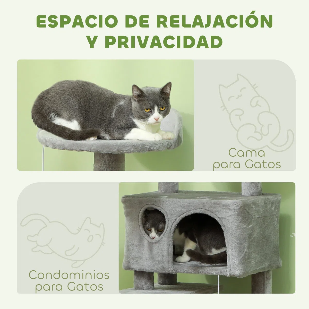 PawHut Rascador para Gatos Altura 138 cm con Postes de Sisal Gris Claro | Árbol para Gatos, Torre de Escalada, Plataformas, Cuevas, Bolas Colgantes, Hamacas