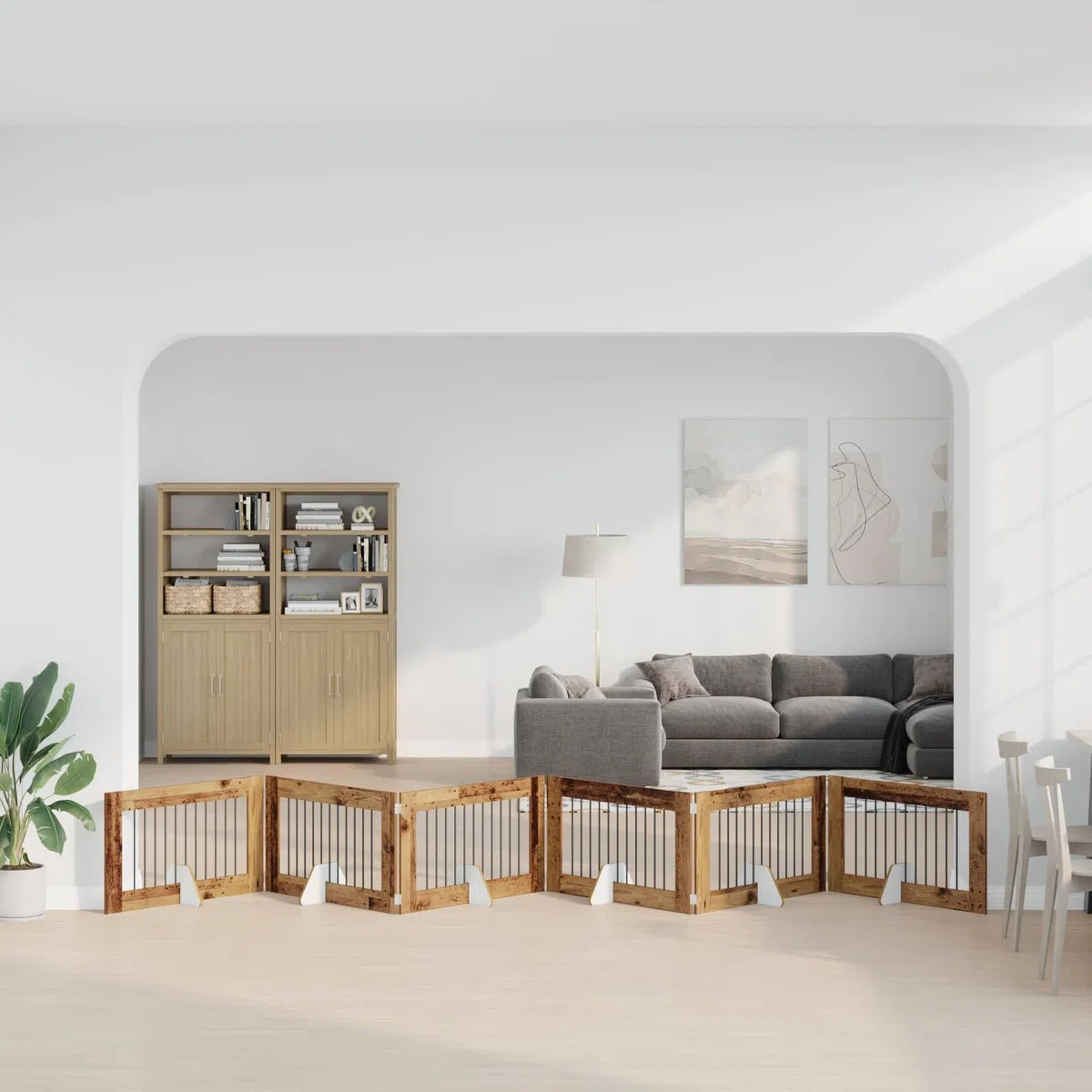 Puerta para perros con soporte, 6 piezas, madera recuperada, plegable y plegable, 100 x 60 cm, caseta modular para perros para interior y exterior, protección segura para cachorros y perros