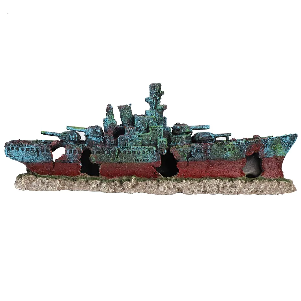 Barco de naufragio de Resina, Acorazado hundido, Barco de Guerra, pecera, Adorno de Acuario, decoración de Cueva, Modelo de Barco de naufragio de simulación con múltiples Agujeros