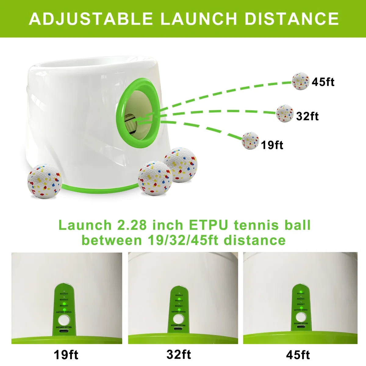 Lanzador automático de pelotas para perros con 6 pelotas de tenis ETPU, lanzador de pelotas de perro para perros pequeños y medianos, 3 distancias ajustables de 19 a 45 pies, máquina interactiva