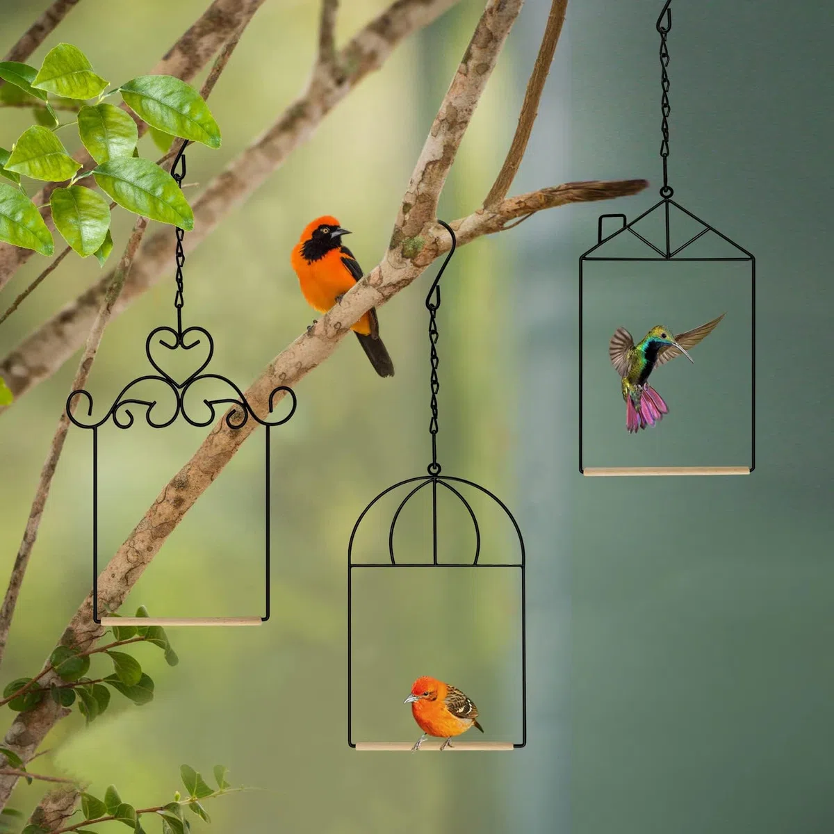 Columpios y perchas de metal para colibrí con clavija de madera, columpio para pájaros negros, para exteriores, 3 unidades