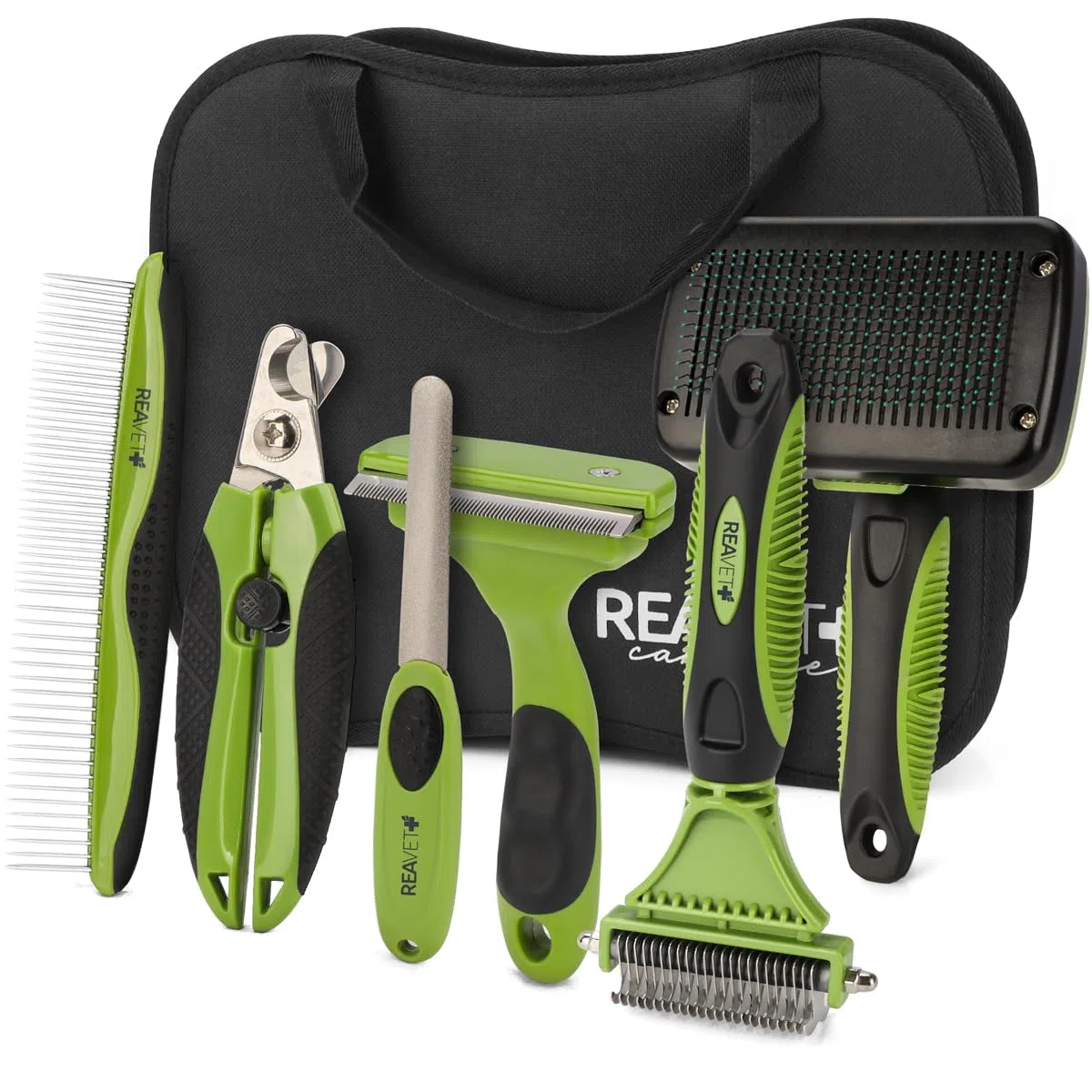 ReaVET Juego de 6 cepillos profesionales para perros y gatos, cepillo para perros y gatos, cepillo para perros y gatos, cepillo para fieltrado, cepillo para debajo del pelo, peine para pulgas, tijeras