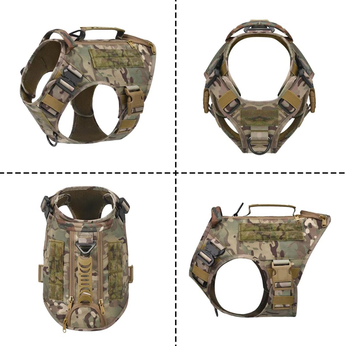 Arnés táctico para perros medianos y grandes, sin tirones, ajustable, para pasear, arnés militar con asa, chaleco para perro con paneles Molle (camuflaje (con 2 paquetes de accesorios), XL)