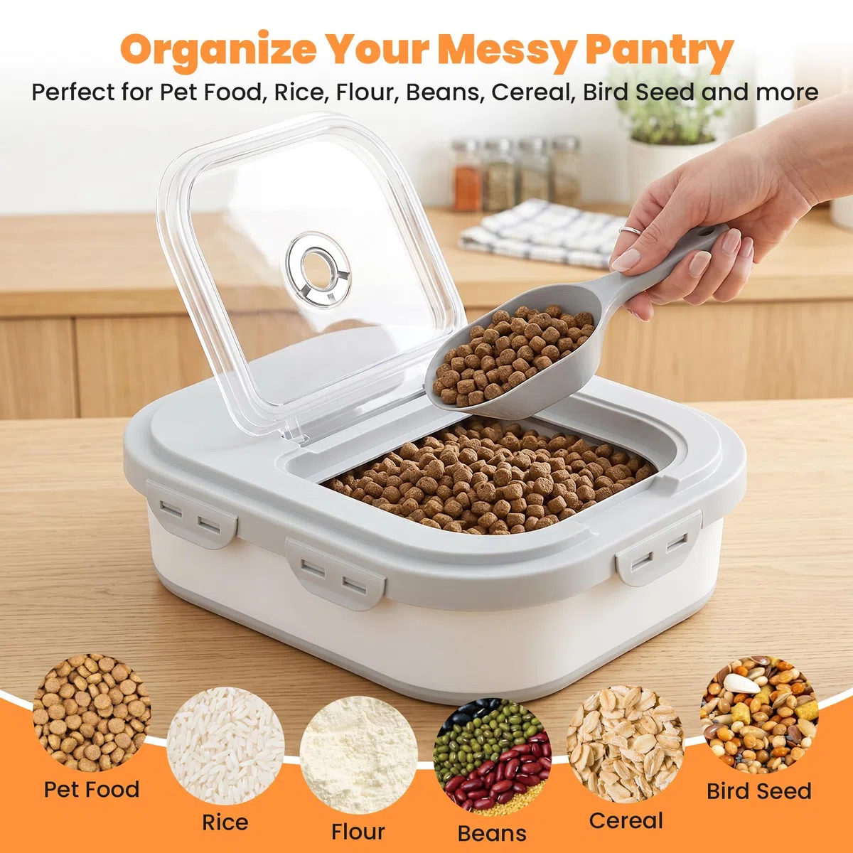 Contenedor de almacenamiento de alimentos para perros de 35 a 40 libras, contenedor plegable para alimentos para mascotas con tapas herméticas, ruedas desmontables, cuchara y 2 recipientes de