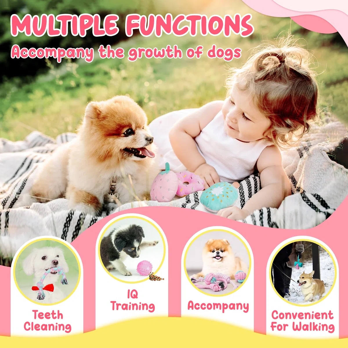 XIUGOAL Juguetes para Cachorros Rosados para aburrimiento, Paquete de 14 Juguetes masticables para Cachorros, Juguetes interactivos para Cachorros, Lindos Juguetes para Perros pequeños con Bola de