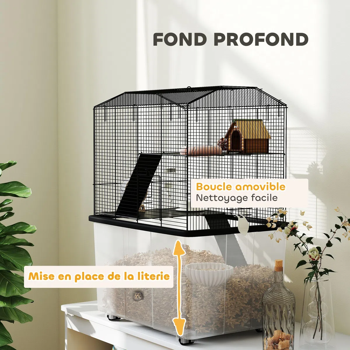 PawHut Cage Hamster, jaula roedor, 3 pisos, con ruedas, 2 plataformas y 2 escalera, C, alambre de acero, 57 x 43 x 74 cm, negro