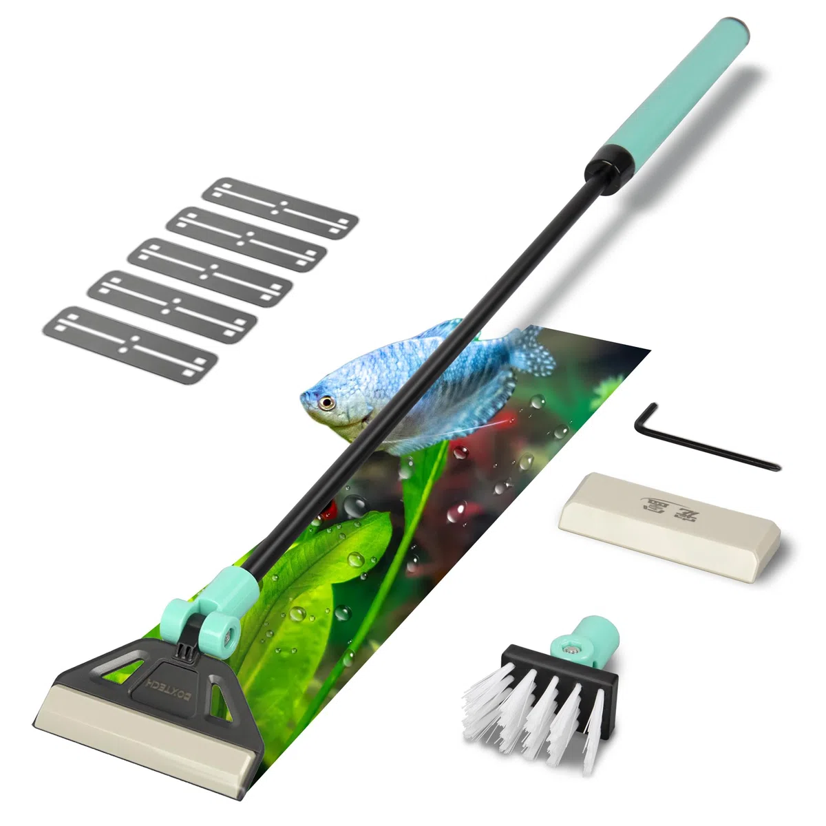 UPETTOOLS Rascador de algas para acuarios de cristal, rascador de algas ajustable 2 en 1 con 5 cuchillas de acero inoxidable y cepillo de limpieza, herramientas de limpieza de vidrio de acuario para