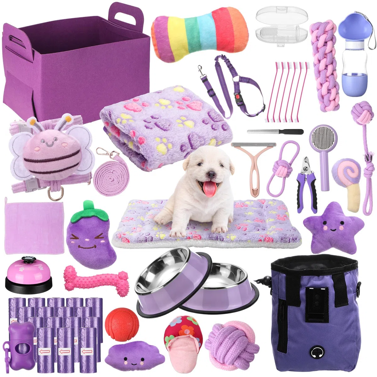 Abbylike Kit de iniciación de 50 piezas para cachorros para perros pequeños, incluye correa, cuencos, cepillos de dientes, botella de agua y más accesorios para perros, regalo de bienvenida para el