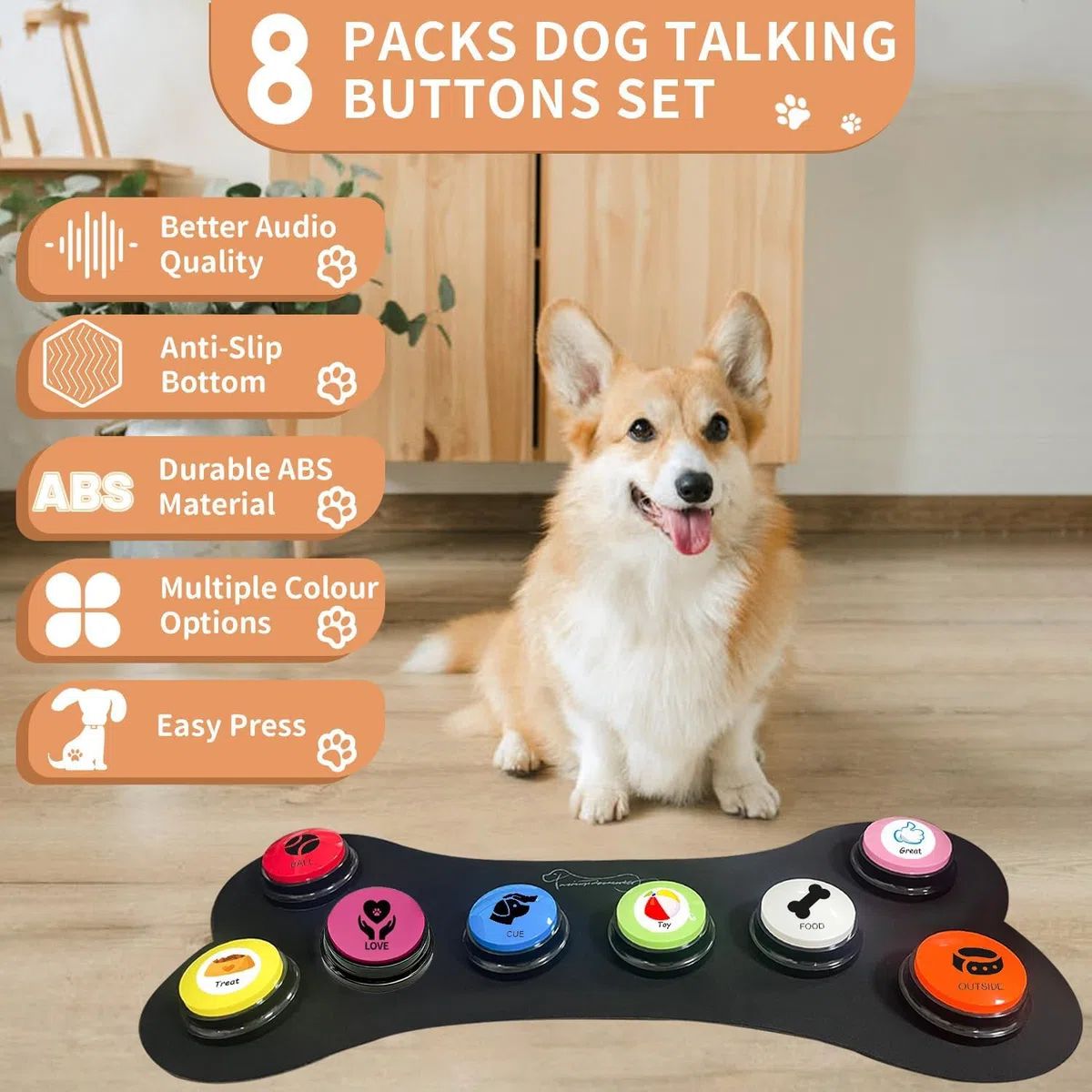 Juego de 8 botones para perros, botones para perros, botones para mascotas para comunicación, botones para escribir, incluye almohadillas, 50 pegatinas para entrenar a tu perro para enseñar a