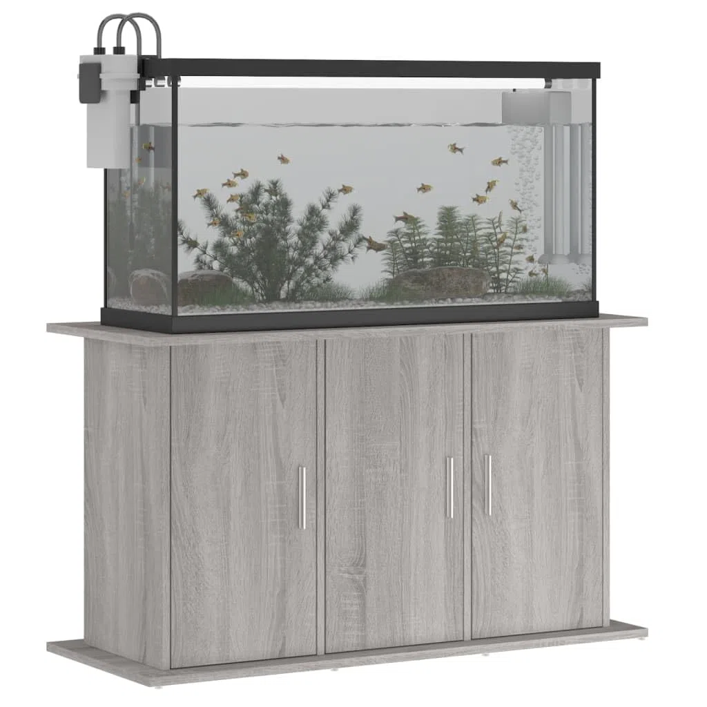 Soporte para acuario, gris Sonoma, material de madera, 101 x 41 x 58 cm, armario inferior estable con espacio para peces, accesorios y filtros, ideal para salón, dormitorio, oficina
