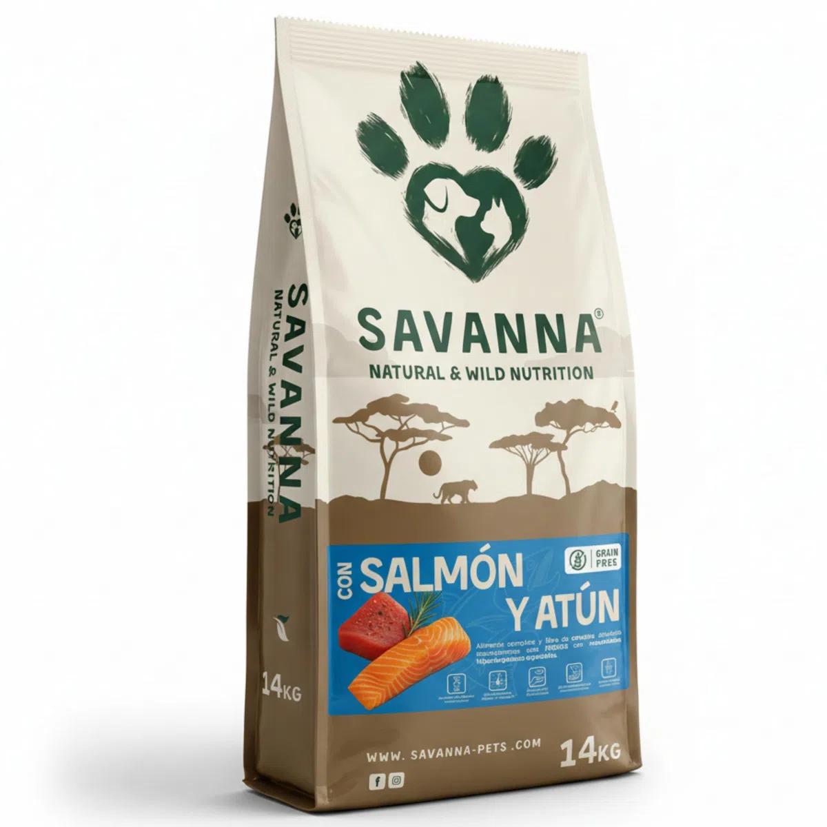 Pienso Hipoalergénico para Perros Adultos con Salmón y Atún, Savanna Hypoallergenic Sin Cereales Grain Free, Piel Sensible y Digestión, Racao Caes Sem Cereais, Todas Las Razas, 14 Kg