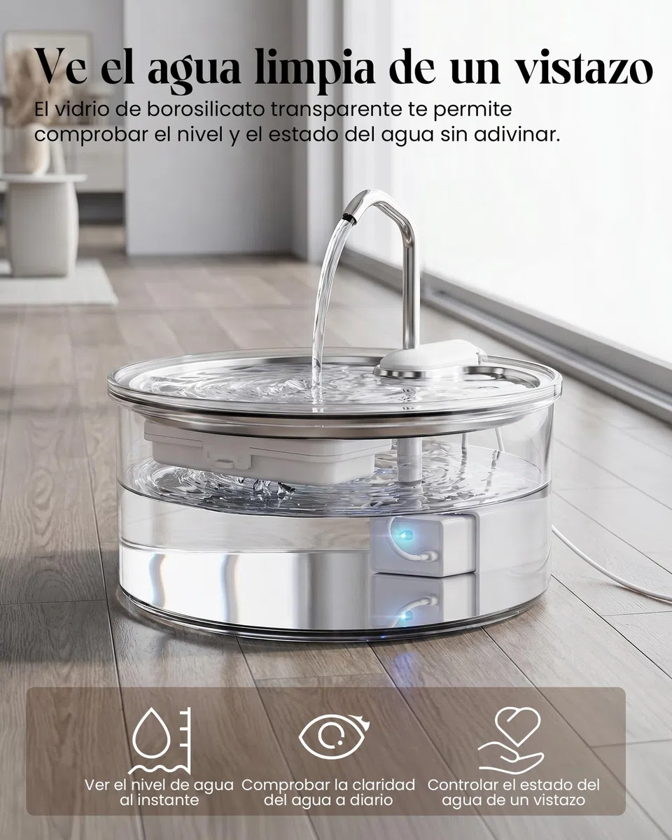 Tomxcute Fuente de Agua de Vidrio de 3,2 L para Gatos y Perros Pequeños | Nivel de agua visible, Súper Silencioso, diseño con grifo y mantenimiento sencillo