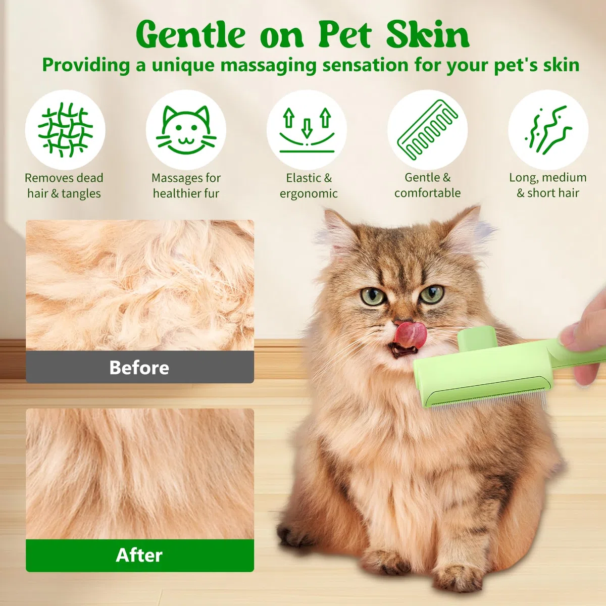 Peine para eliminar el pelo de mascotas, cepillo de aseo para gatos con botón de liberación, para masajear y limpiar el pelo de las mascotas, cepillo para gatos de pelo corto y largo (azul + verde)