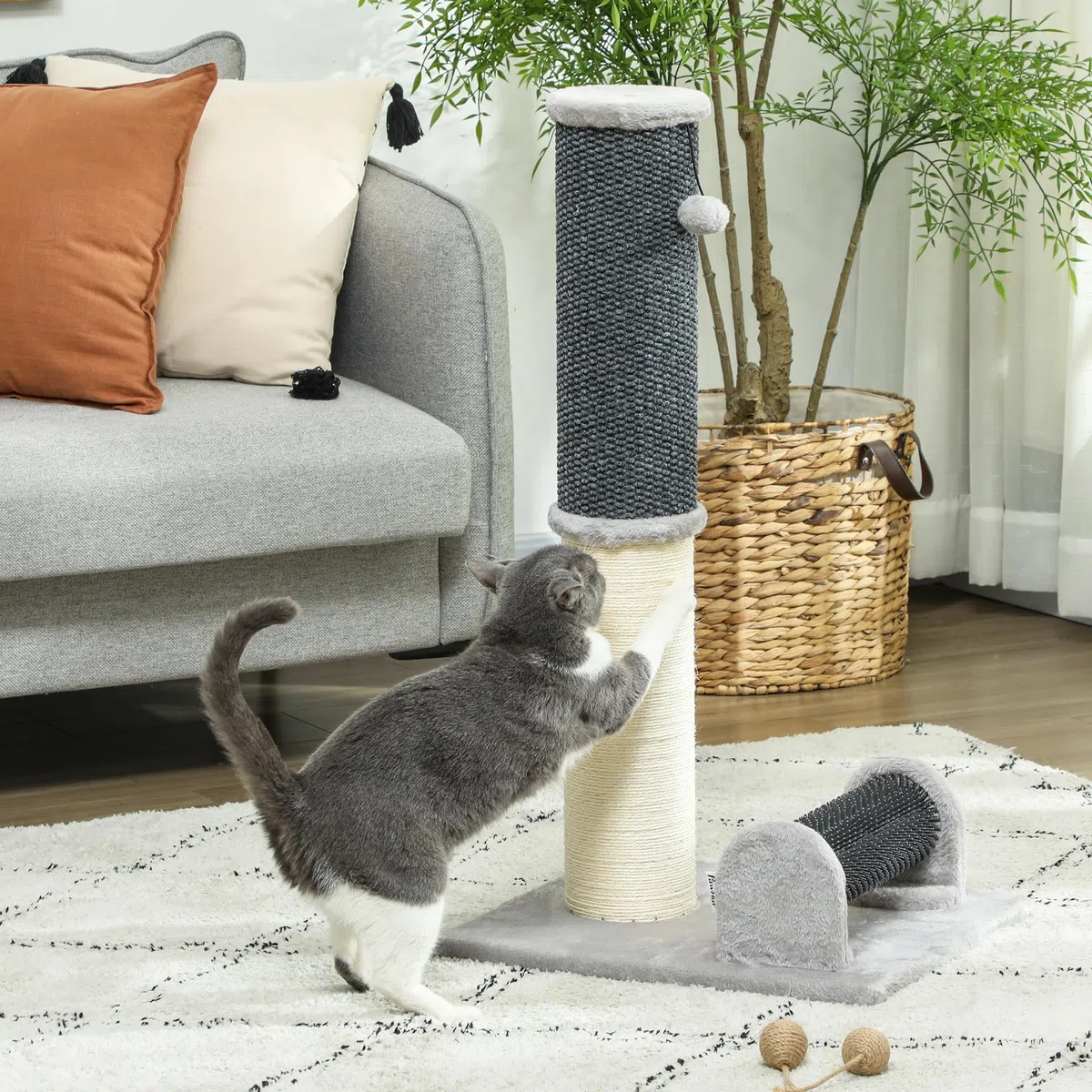 PawHut Poste Rascador para Gatos 85 cm con Poste de Sisal Gris y Crema