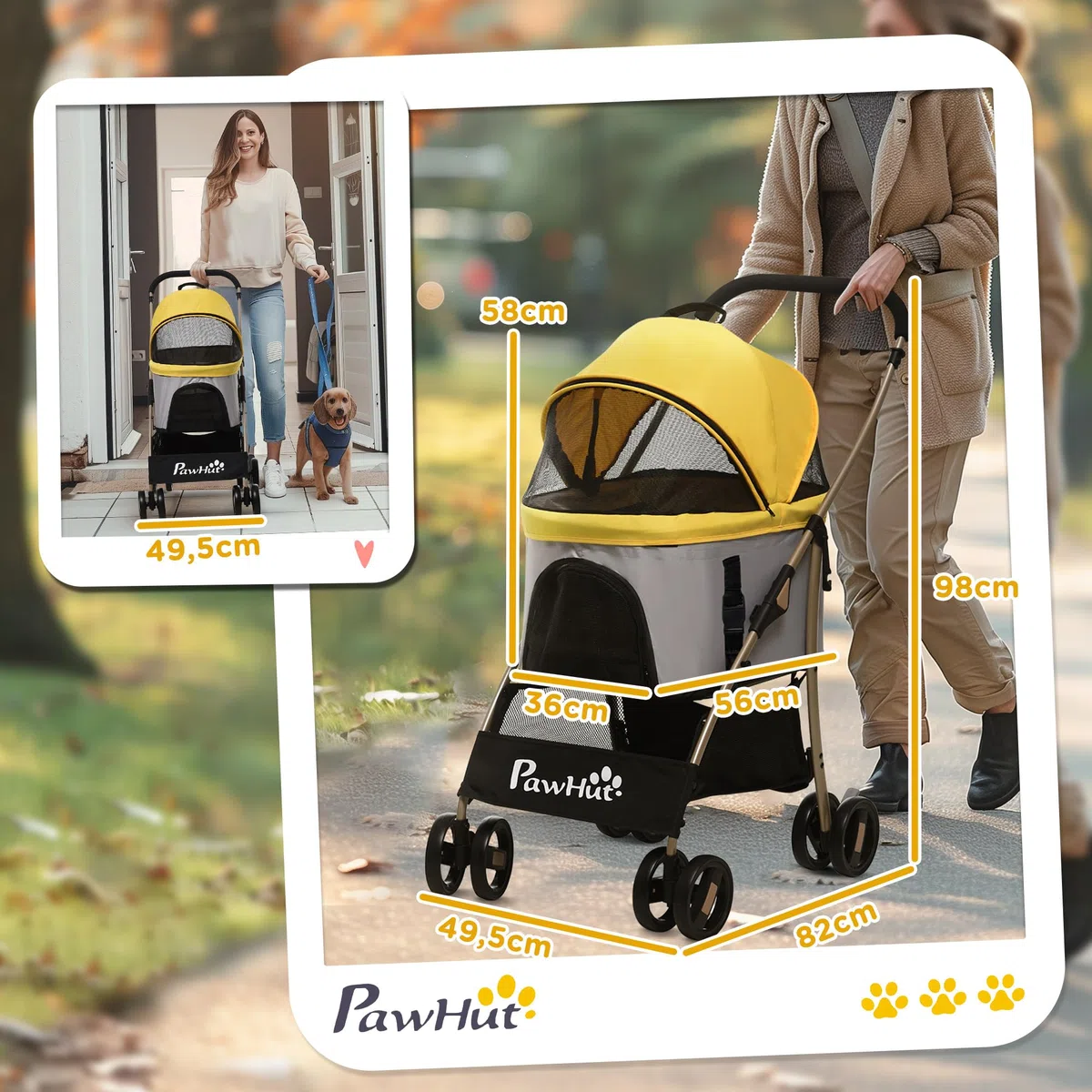 Carrito para perros PawHut, carrito para perros 2 en 1, bolsa de transporte, carrito plegable para perros con cojín, carrito para perros pequeños, gatos, carrito para gatos con 4 ruedas, ventana de