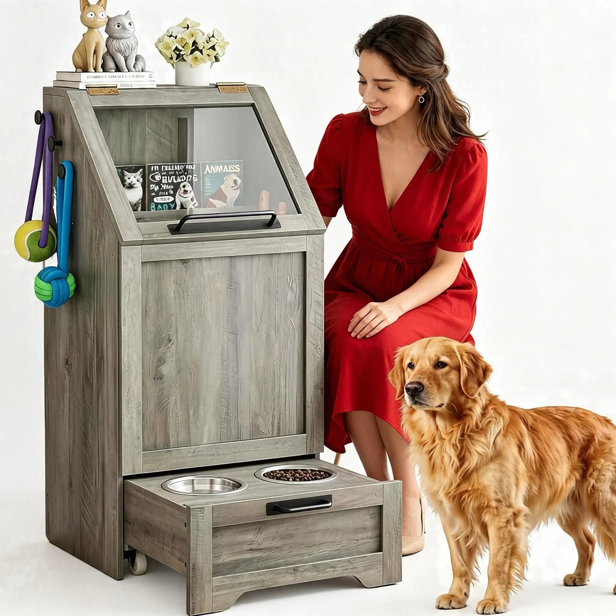 Comedero multifuncional para perros con armario de almacenamiento, cuencos elevados de acero inoxidable y ganchos para accesorios – Comedero de madera para perros y gatos para cocina o comedor