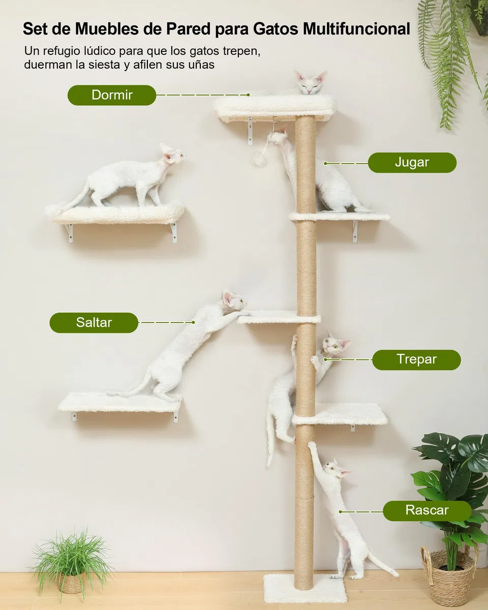 FUKUMARU Rocódromo para Gatos, 178 cm de Altura, Robusto Conjunto 3 en 1 de Madera Maciza Multicapa, con rascador y 2 estantes de Pared, Pared para trepar Que Ahorra Espacio, Beige