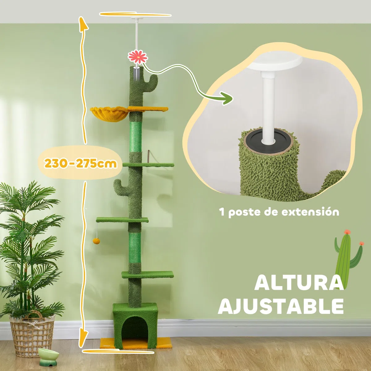 PawHut Árbol para Gatos de Suelo a Techo de 230-275 cm Torre Verde | Altura Ajustable, Plataformas, Cueva, Hamaca, Postes de Sisal, Bola de Juguete