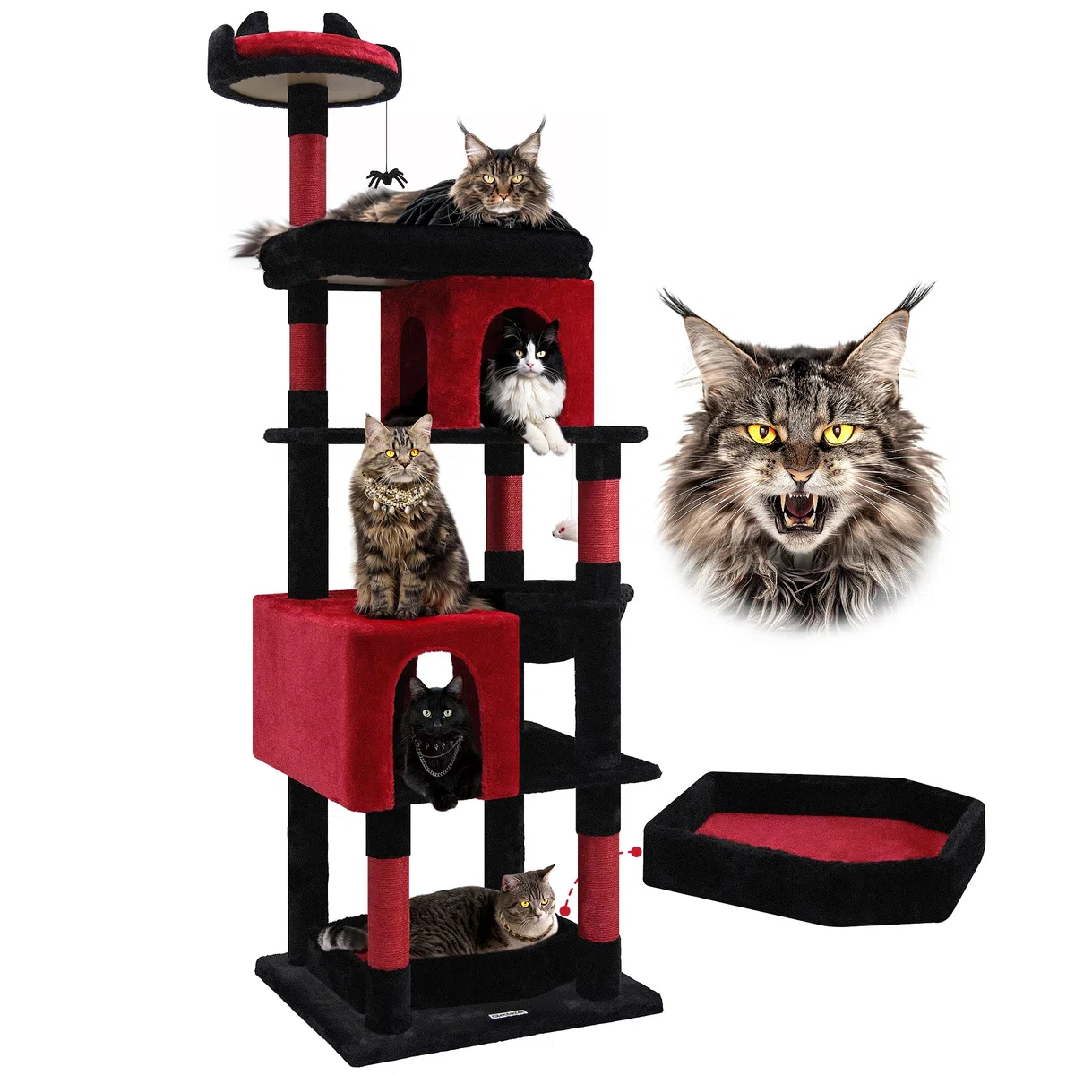 Globlazer Árbol Rascador para Gatos Gótico Negro Rojo, Árboles para Gato Alto 183 cm con Cama Ataúd Nidos Plataformas Cesta, Clásico Torre para Gatos Grandes Adultos Descansar Jugar (S72, Gótico)