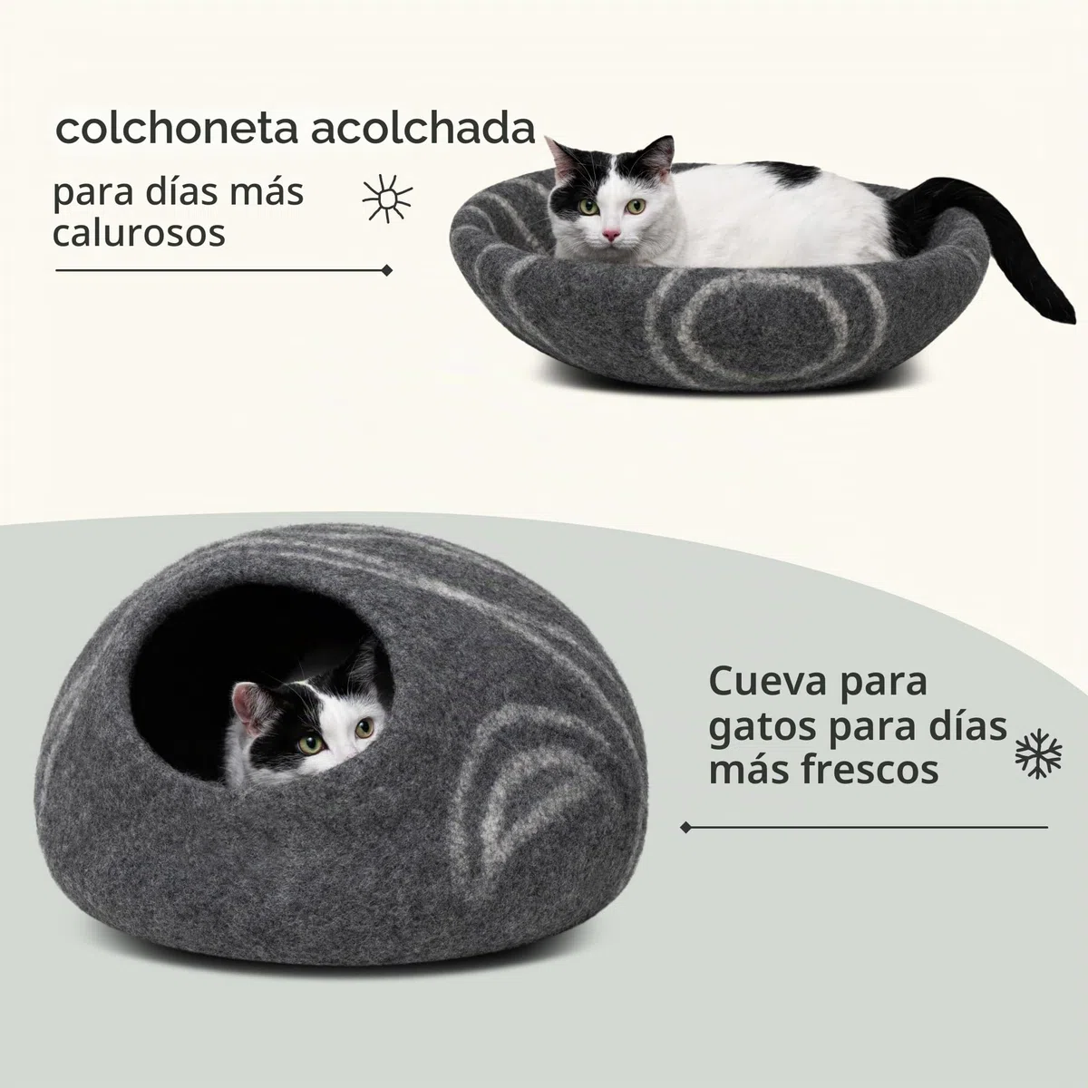 MEOWFIA Cueva de Cama para Gatos de Fieltro Premium - Cama Hecha a Mano 100% Lana Merino para Gatos y Gatitos (Tonos Oscuros) (Grande, ónix de Medianoche)
