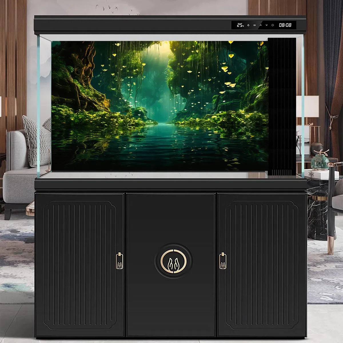 Fondo de acuario de selva densa, bosque lluvioso, lago tranquilo, terrario, fondo de niebla rayos de sol, bosque, estilo selva, fondo de fondo para peceras, decoración de póster de vinilo,