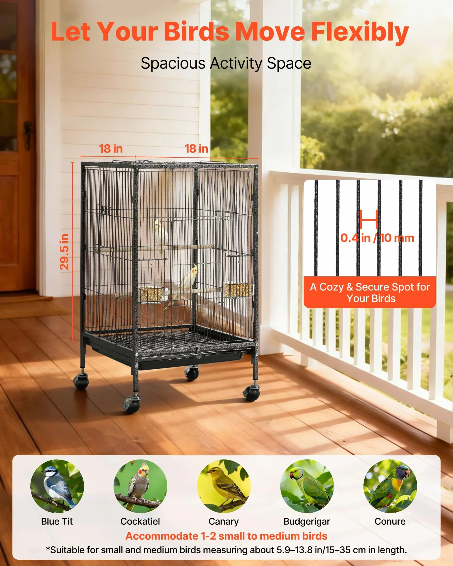 VEVOR Jaula para Pájaros, 460 x 460 x 770 mm, con Techo Plano Abierto, con Perchas, Bandeja Extraíble y Comederos de Plástico, Ruedas, para Loros, Herrerillos Comunes, Cacatúas Ninfas, y Cotorras