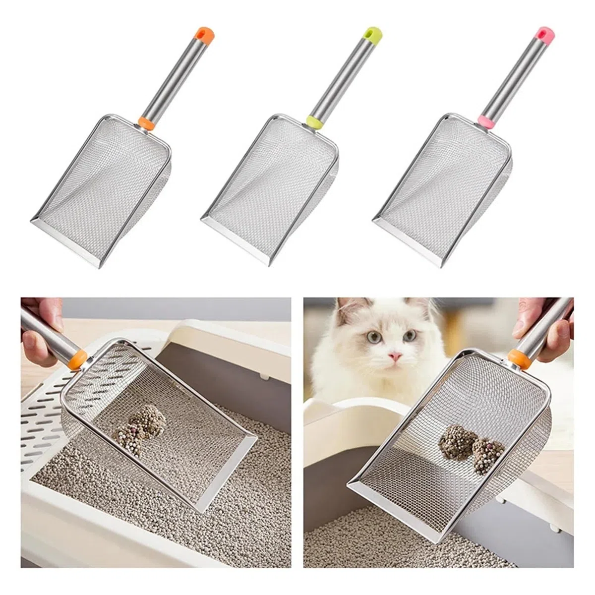 Pala de arena para gatos de malla fina de acero inoxidable, pala antiadherente fácil de limpiar para arena de reptiles (2,8 x 2,8 mm, naranja)