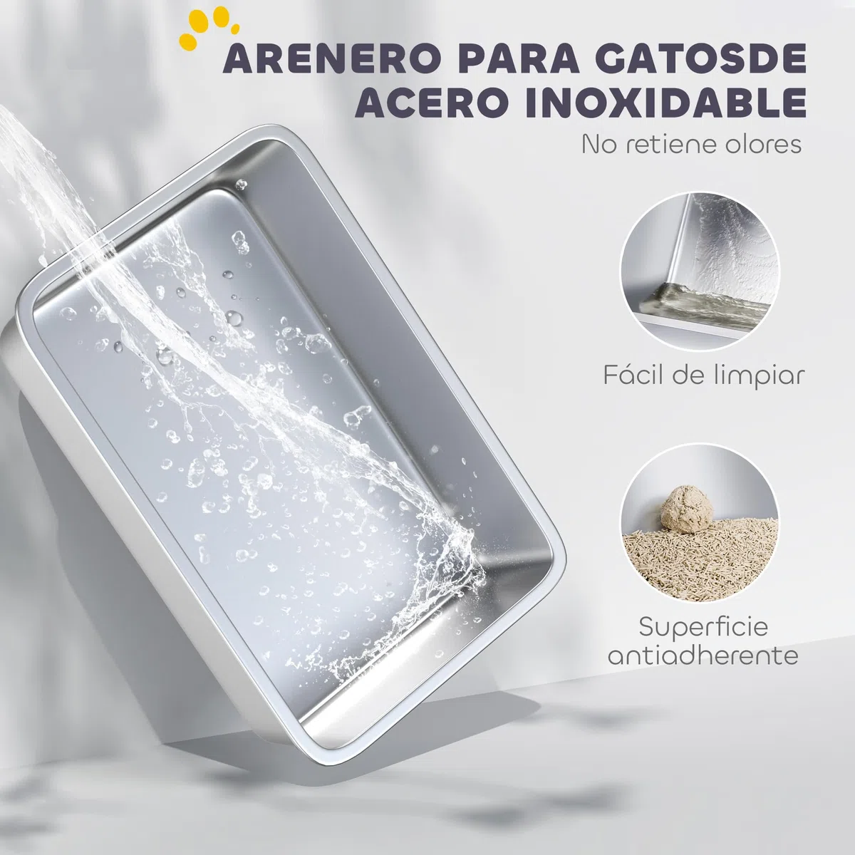 PawHut Arenero para Gatos de Acero Inoxidable XL, 60,2x40,2x29,7 cm, Gris | Caja de Arena para Gatos, Arenero con Borde Alto, Pala Metálica, Fácil de Limpiar, Prueba de Fugas