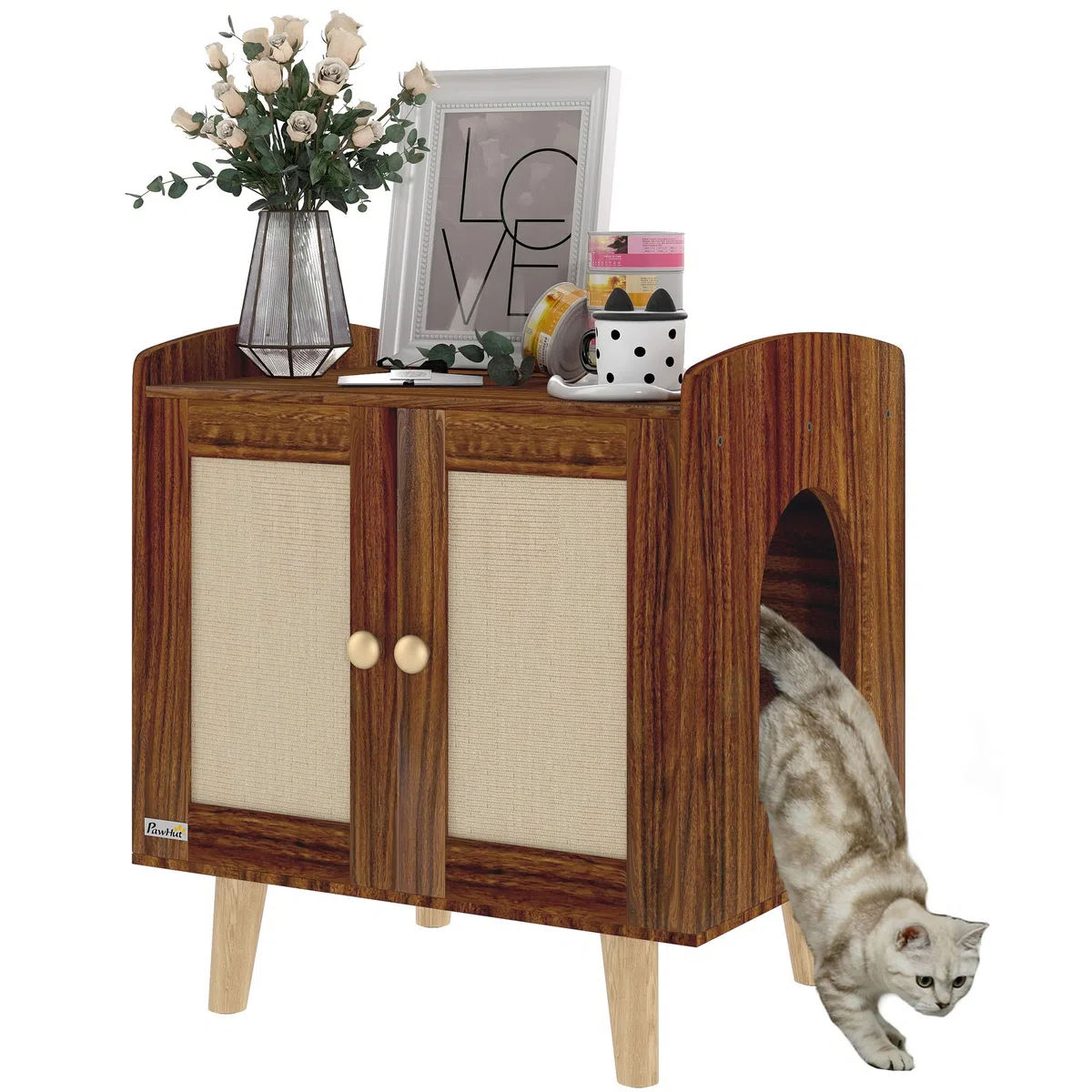PawHut Mueble Arenero para Gatos Mesa Auxiliar 55x43x59,6 cm Marrón | Caja de Arena para Gatos, con Puertas, Esteras de Sisal, Patas de Madera, para Salón Dormitorio