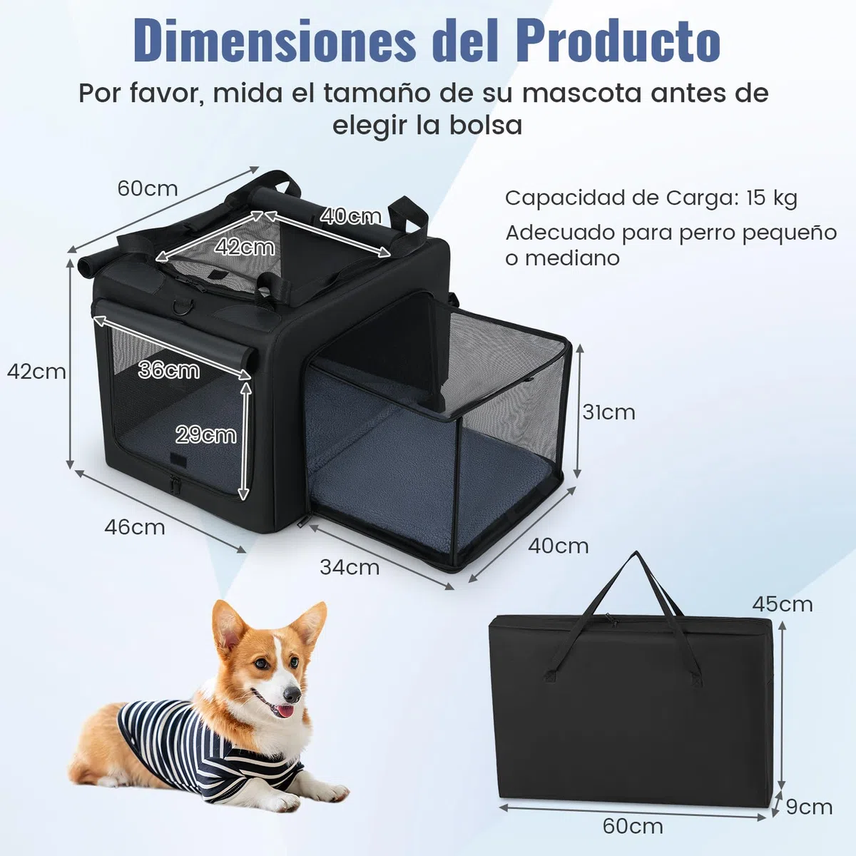 COSTWAY Transportín para Perros, Bolsa Transportin Portátil y Plegable para Mascotas con 2 Aberturas y Ventana, Cesta Interior de Malla, Bolsillos Laterales para Interior Exterior (80 x 65 x 42 cm)