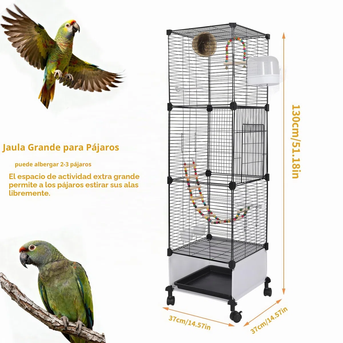 MSFE Jaula de Aves Grande, 130x37x37cm Jaula para Loros con ruedas, Jaula para Pájaros Voladera Interior con columpio, percha, para periquito, calopsitte, conure, pinzón, canario