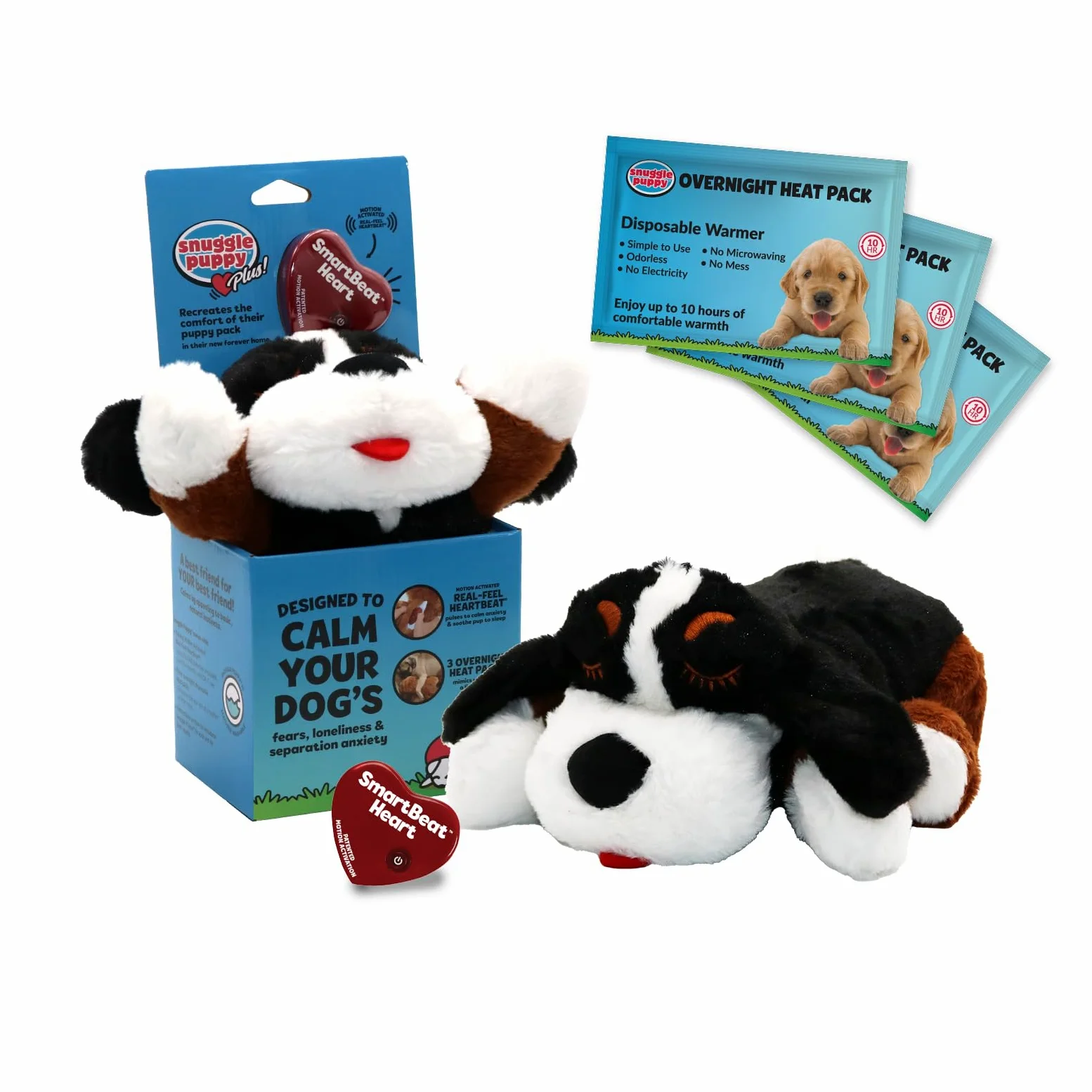 Snuggle Puppy Plus - Peluche para Perros con 3 Bolsas Térmicas y Latido RealFeel Activado por Movimiento. Juguete Antiestrés y Calmante para el Adiestramiento (Boyero de Berna)