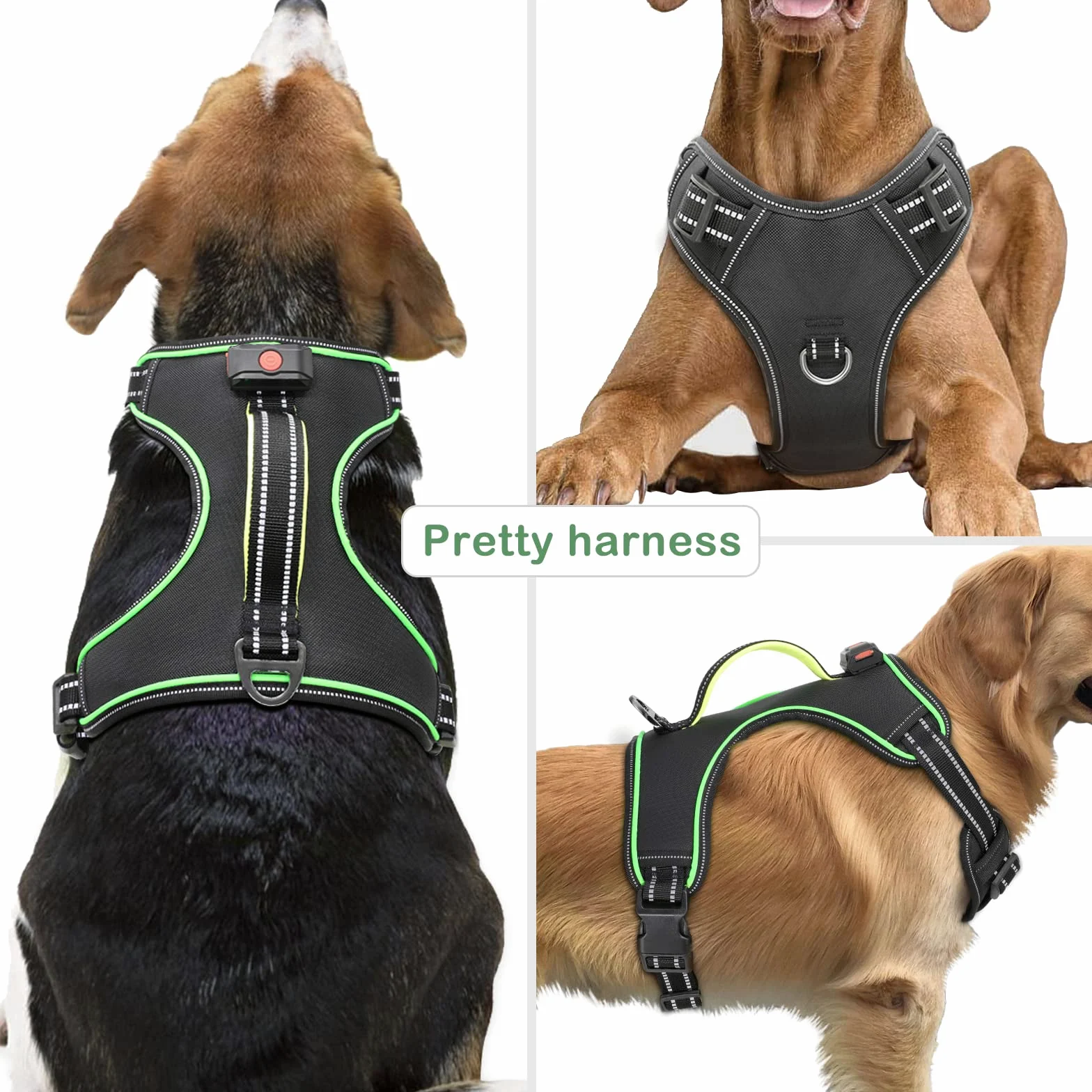 Arnés iluminado para perro, sin tirones, con luz LED, con asa, recargable, para perros pequeños, medianos, grandes y extragrandes, sin tirones, arnés ajustable de 4 puntos