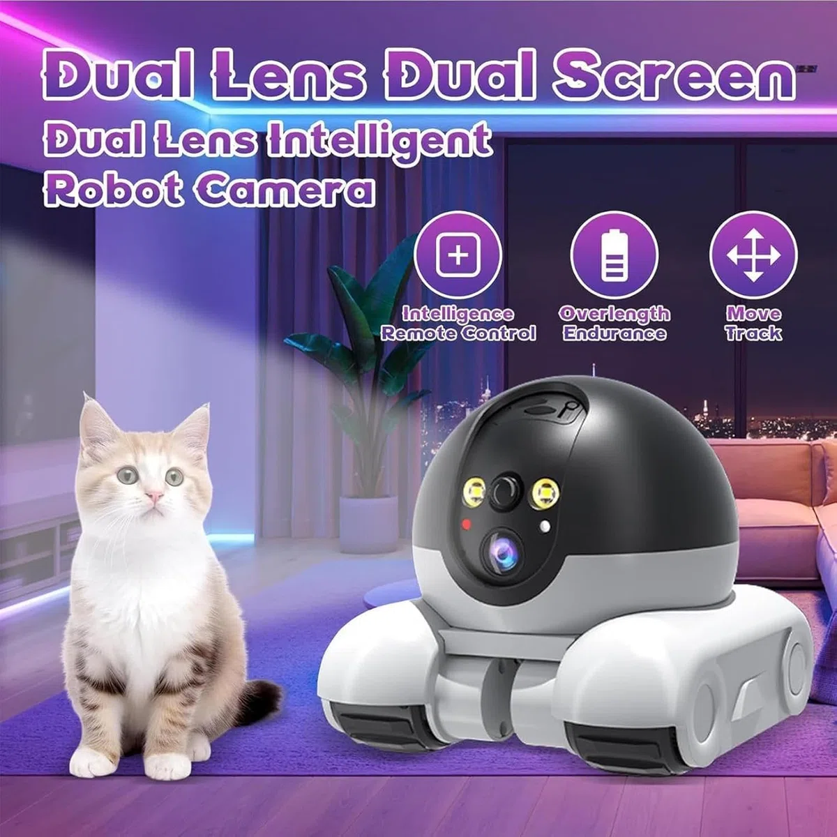 Robot de Cámara de Mascotas, Cámara de Seguridad Robot Wi-Fi Camera con Ruedas 1080P Doble Lens Control Remoto en Hogar Trabajo Mascotas, 64G Tarjeta Incluido