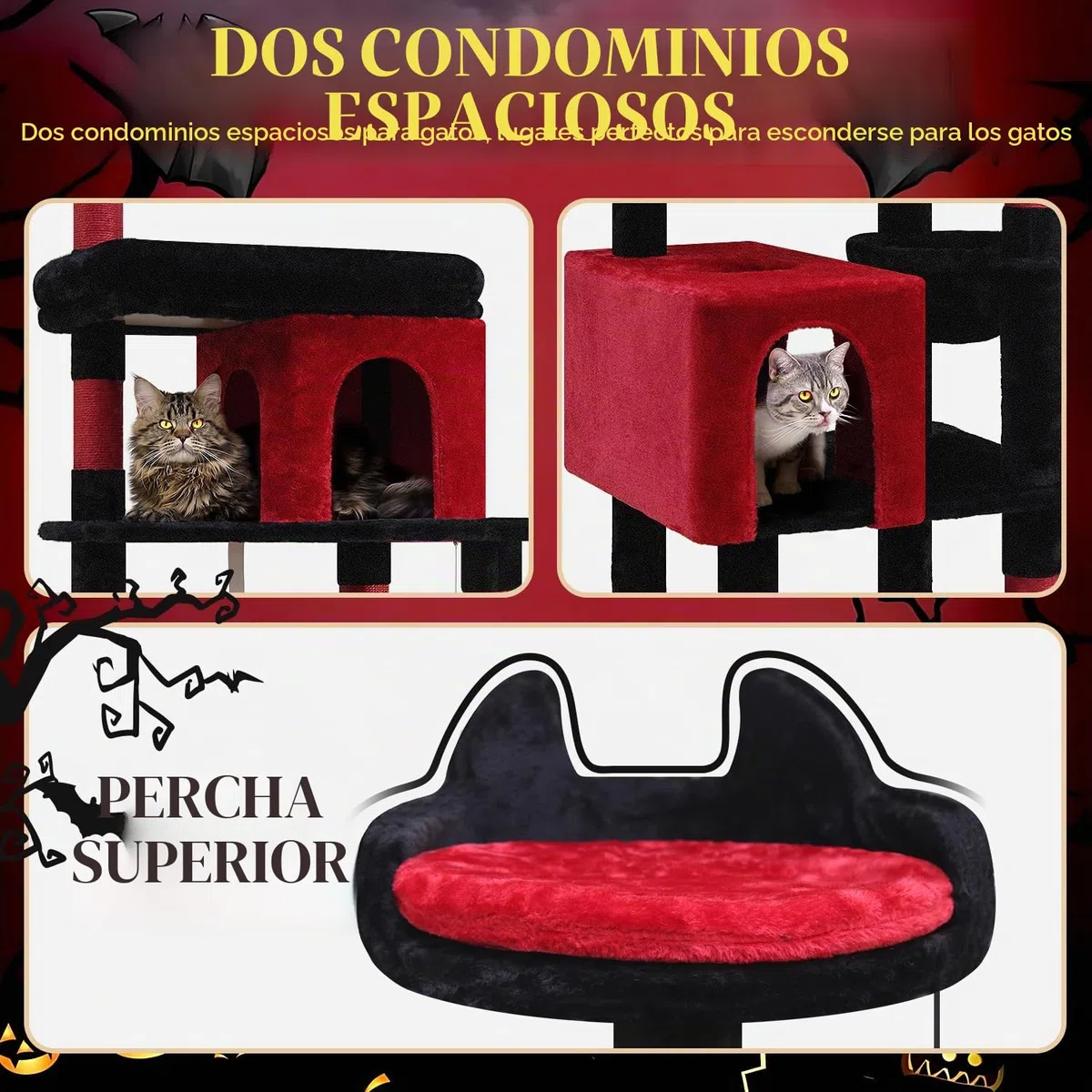 Globlazer Árbol Rascador para Gatos Gótico Negro Rojo, Árboles para Gato Alto 183 cm con Cama Ataúd Nidos Plataformas Cesta, Clásico Torre para Gatos Grandes Adultos Descansar Jugar (S72, Gótico)