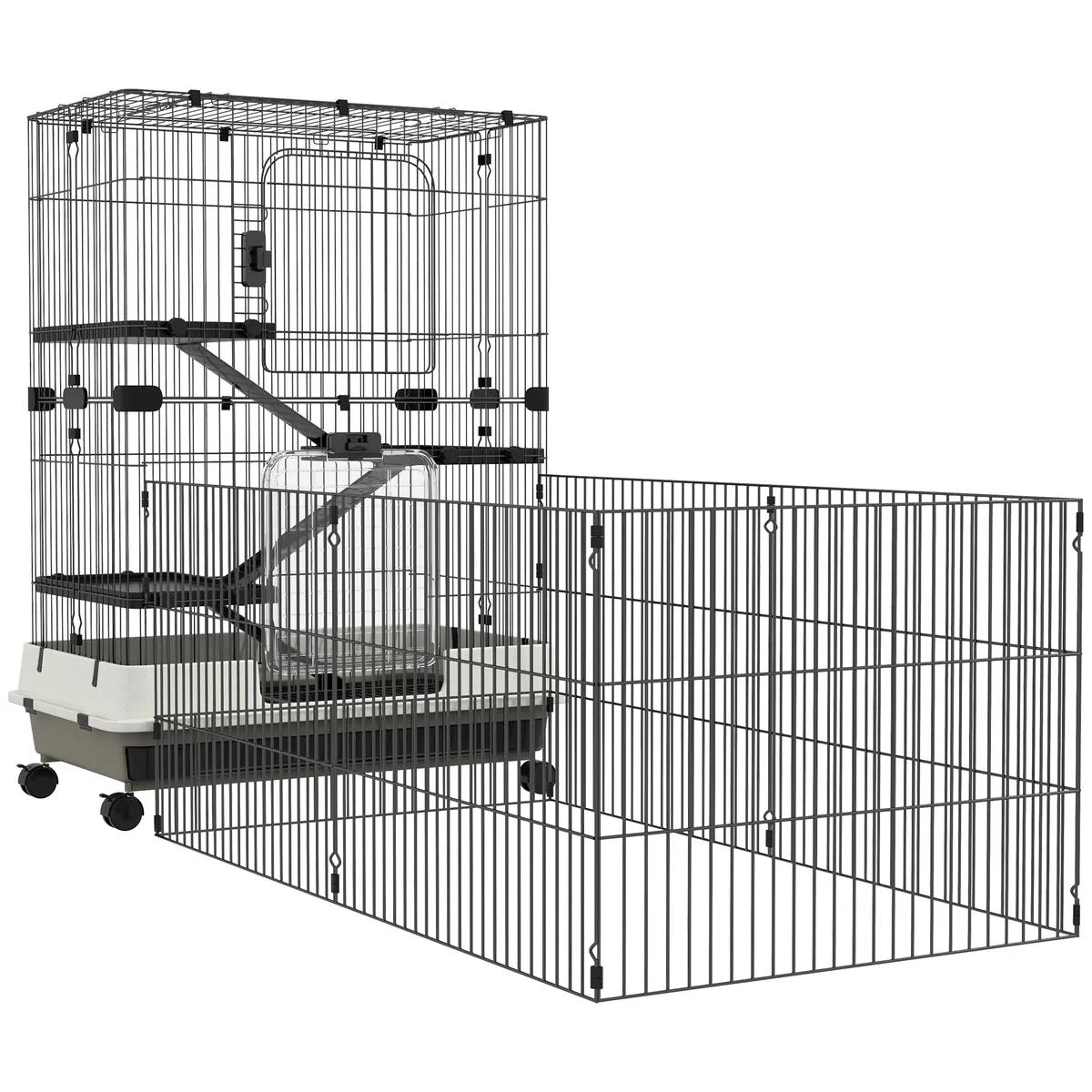 PawHut - Jaula para animales pequeños (3 rampas, 182 x 81 x 114 cm), color negro | 3 Plataformas Desmontables, Bandeja Inferior Desmontable, Metal PP, Jaula Hurón