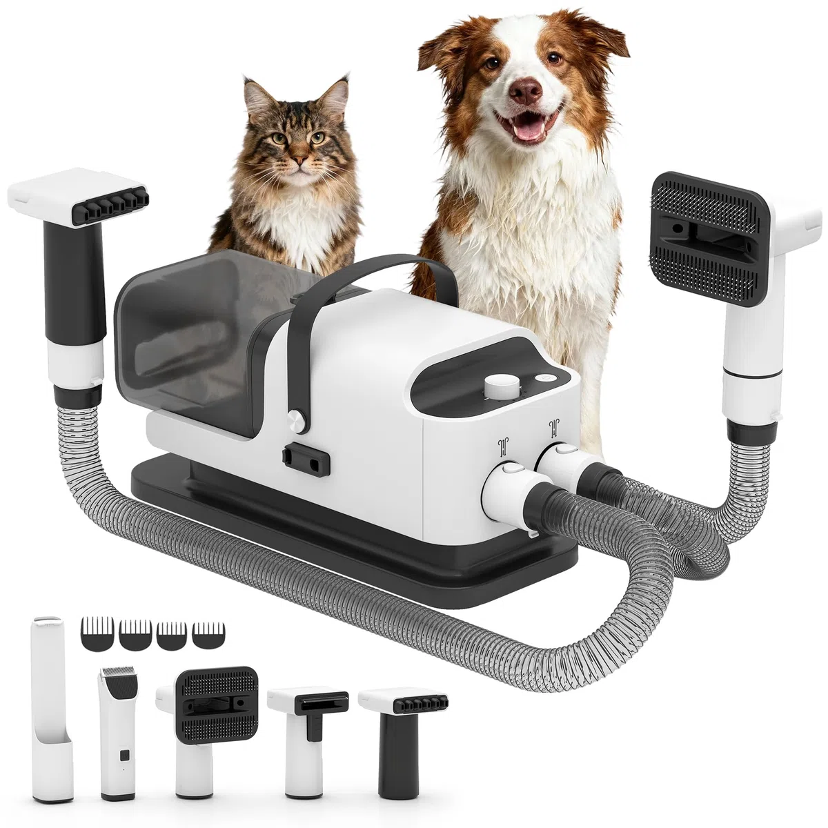 PawHut Juego de aspiradora y secadora 5 en 1 para aseo de perros con máquina de afeitar para pelo grueso, corto y largo, cepillo de pelo, 12000 Pa, potencia de succión, 4 modos, temperatura del
