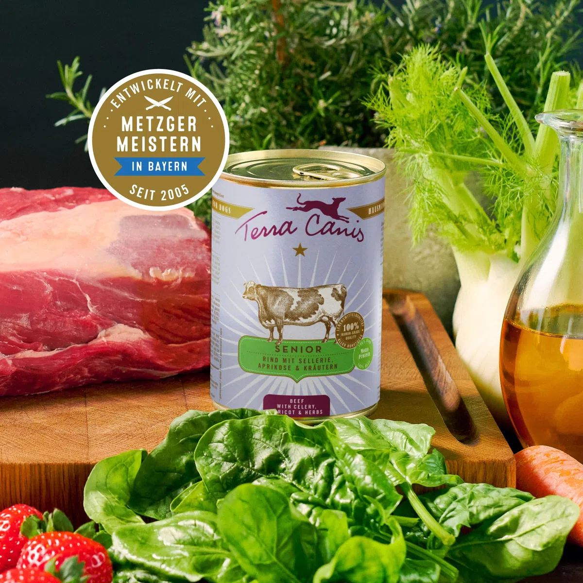 Terra Canis Venado con Tomate, Comida húmeda Senior para Perros, 12x400g | 100% calidad alimentaria de todas las materias primas, con hierbas medicinales, receta adaptada a la edad, bajo en cereales